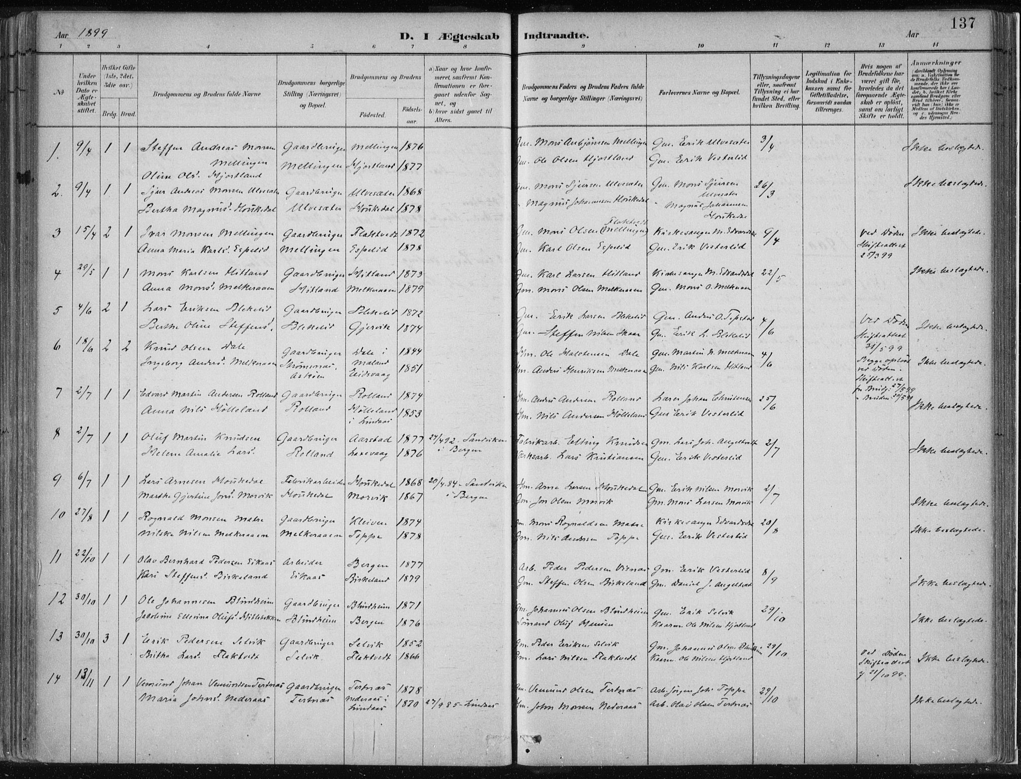 Hamre sokneprestembete, SAB/A-75501/H/Ha/Haa/Haad/L0001: Parish register (official) no. D  1, 1882-1906, p. 137