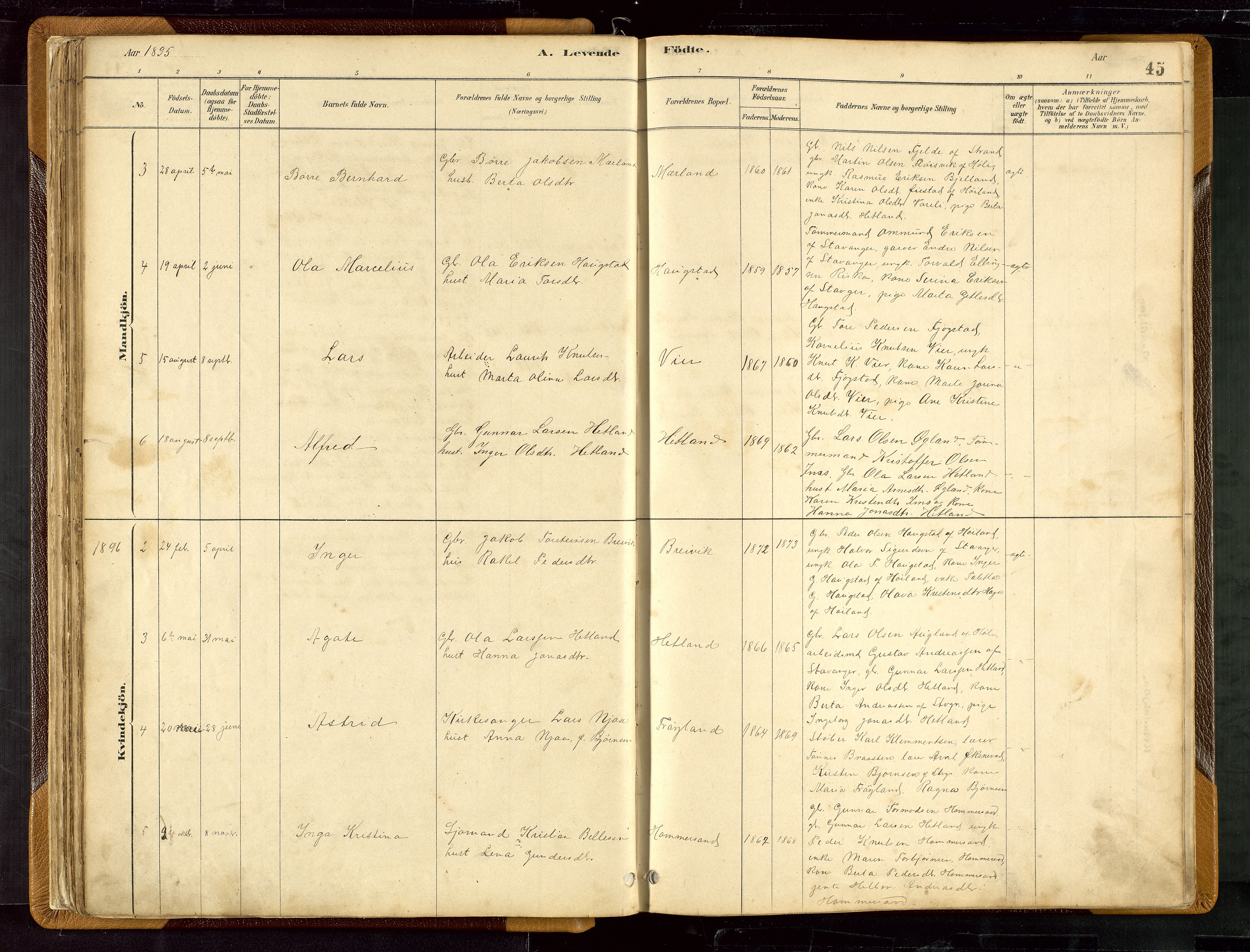 Hetland sokneprestkontor, AV/SAST-A-101826/30/30BB/L0007: Parish register (copy) no. B 7, 1878-1910, p. 45