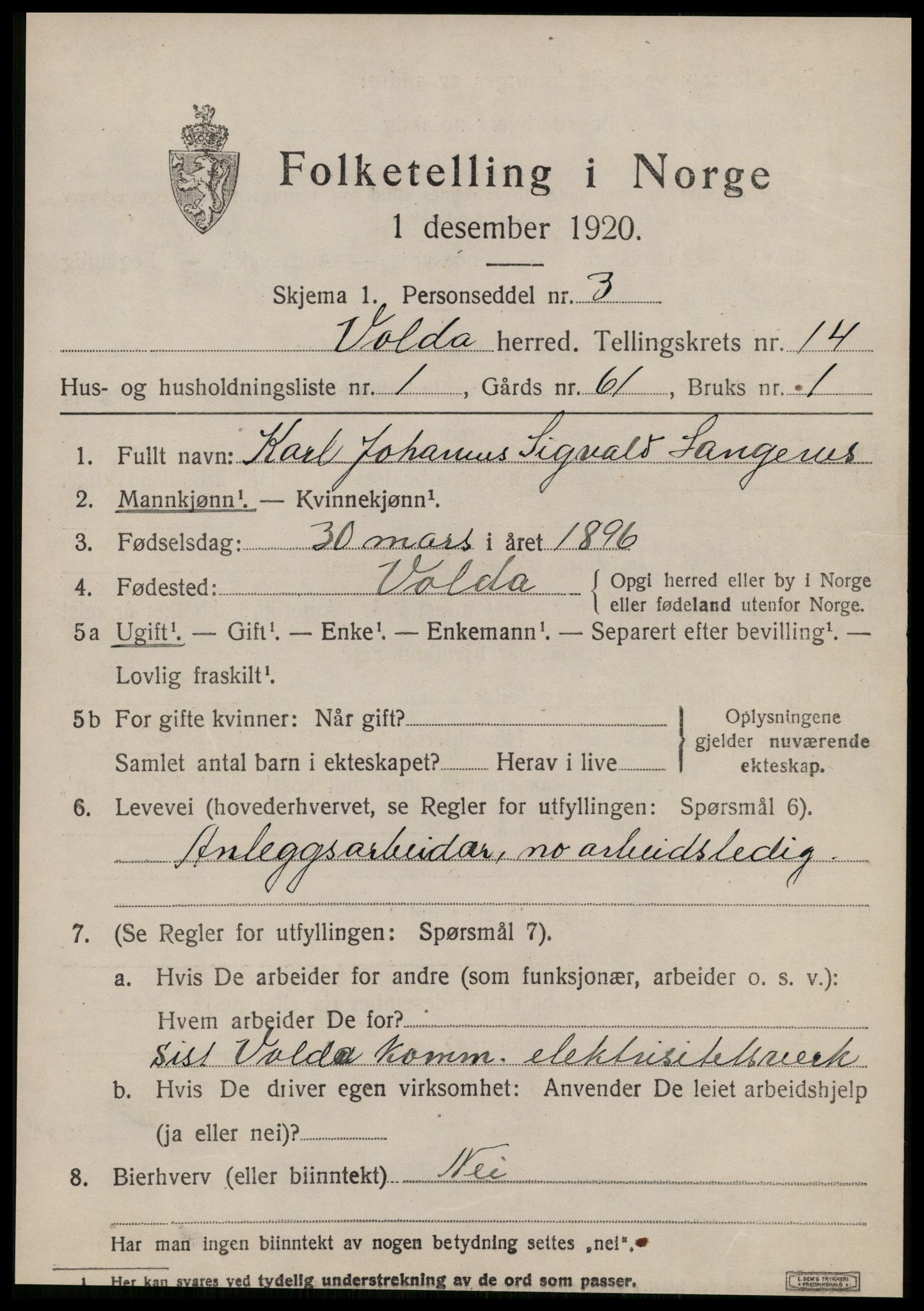 SAT, 1920 census for Volda, 1920, p. 8642