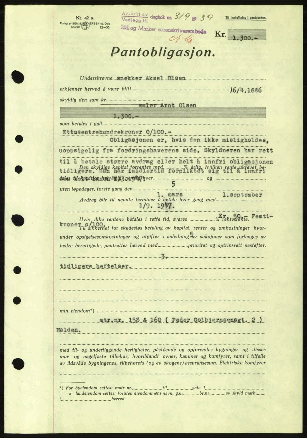 Idd og Marker sorenskriveri, AV/SAO-A-10283/G/Gb/Gbc/L0001: Mortgage book no. B1-3, 1936-1939, Diary no: : 319/1939