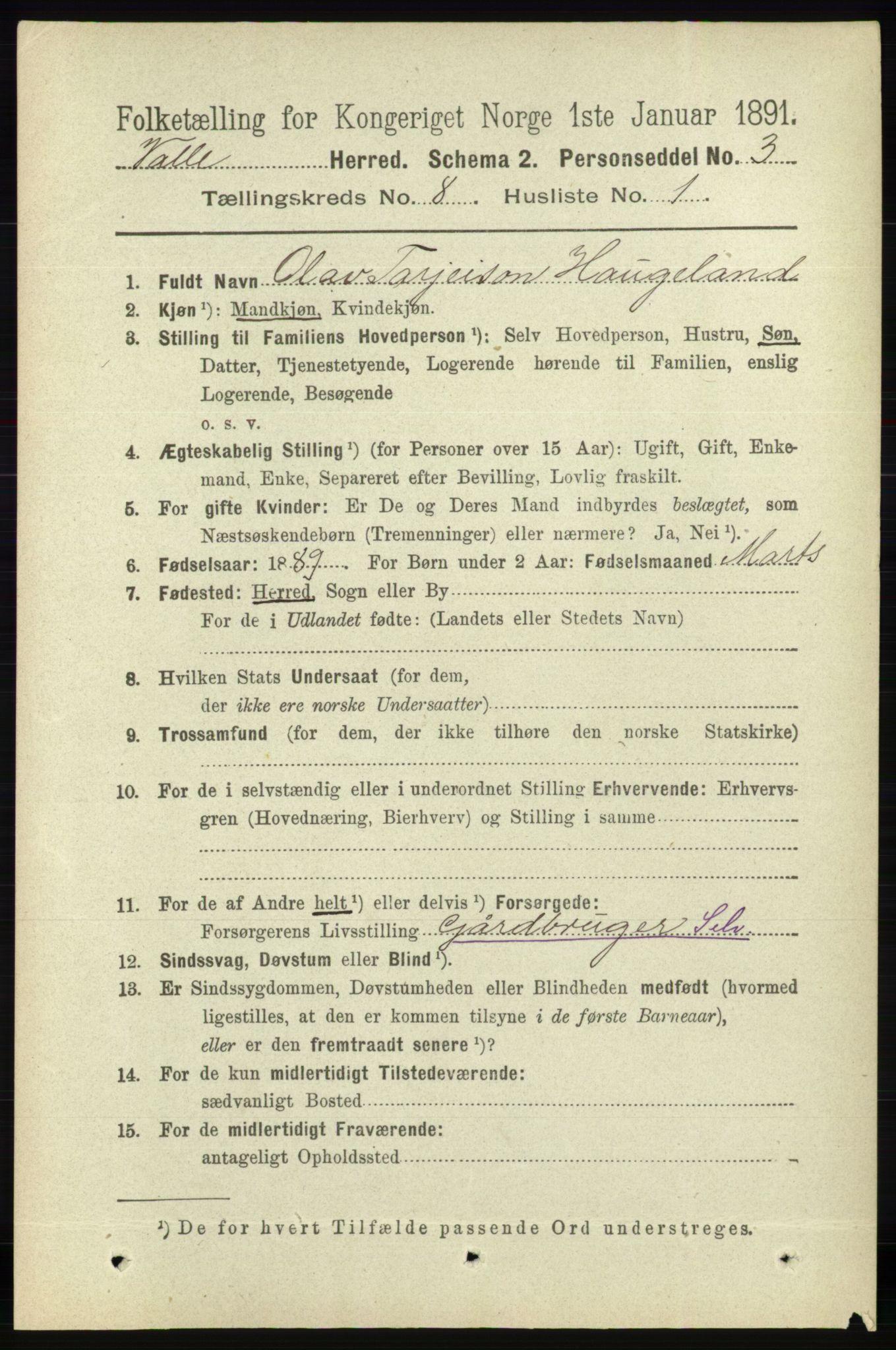 RA, 1891 census for 0940 Valle, 1891, p. 2239