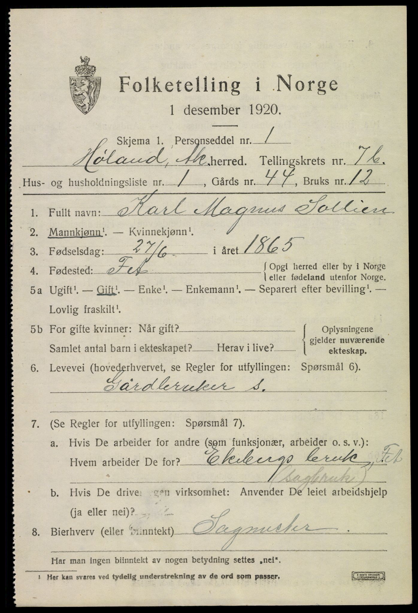 SAO, 1920 census for Høland, 1920, p. 9649