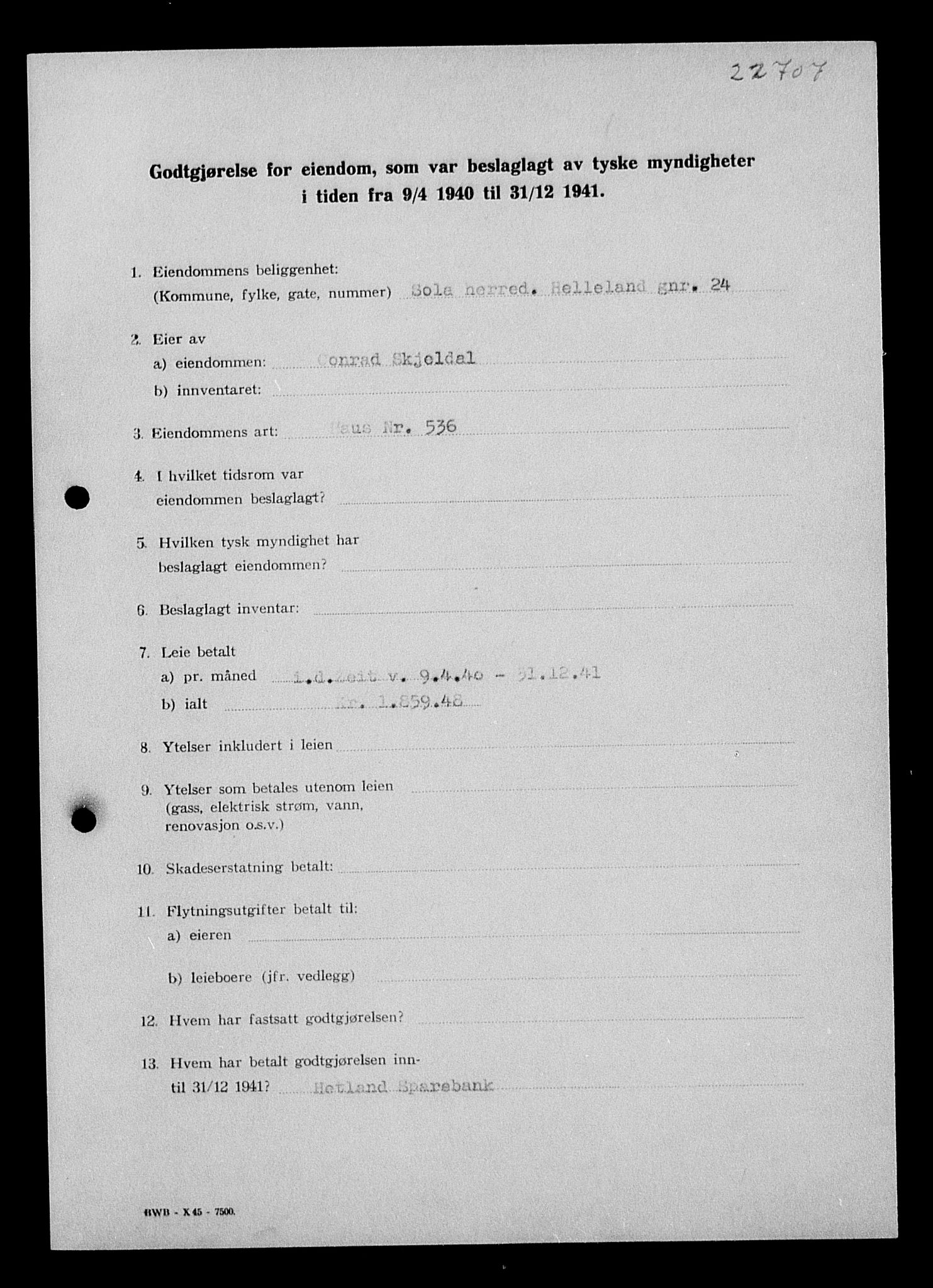 Justisdepartementet, Tilbakeføringskontoret for inndratte formuer, AV/RA-S-1564/I/L1015: Godtgjørelse for beslaglagt eiendom, 1940-1941, p. 177