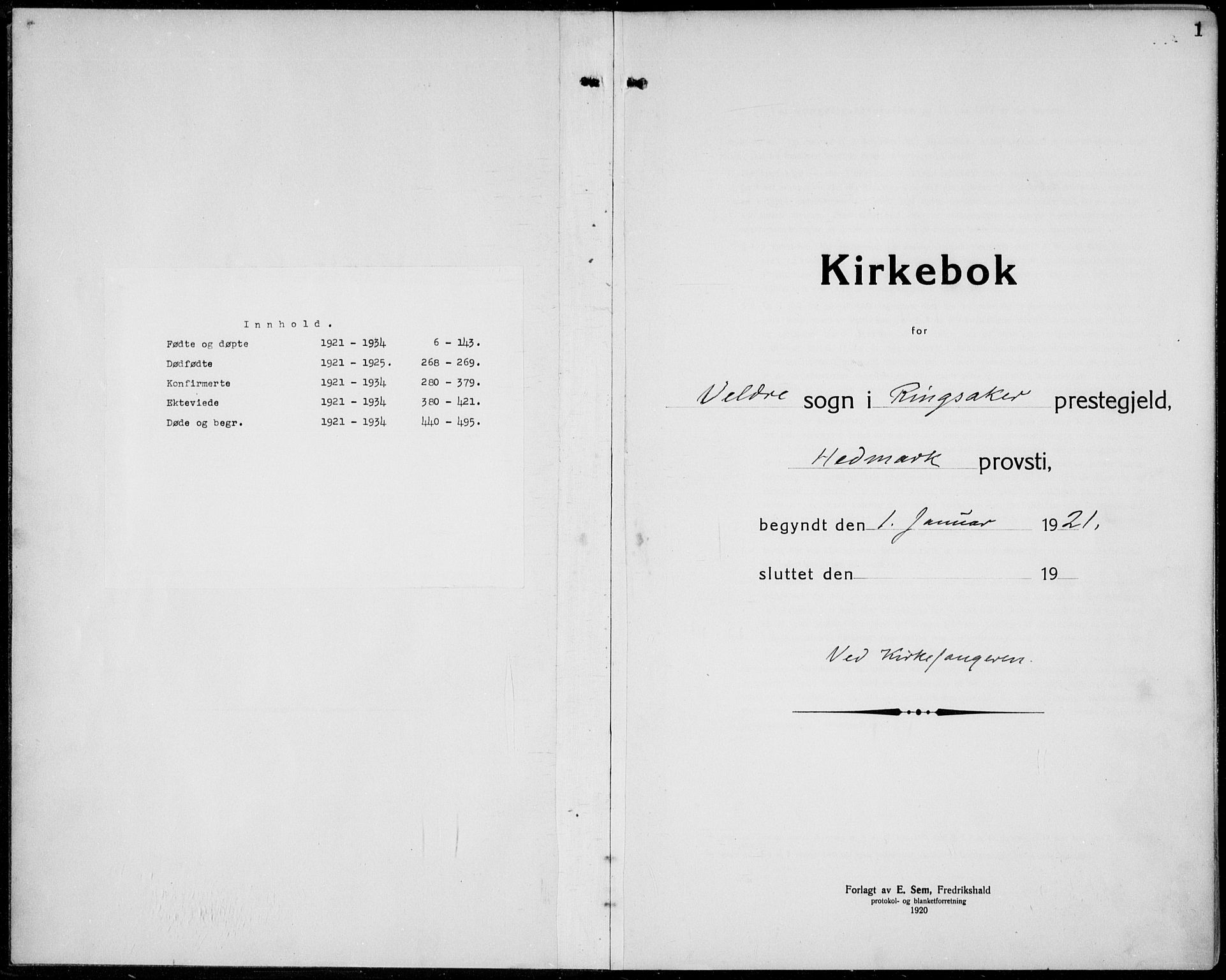 Veldre prestekontor, AV/SAH-PREST-018/L/La/L0001: Parish register (copy) no. 1, 1921-1934, p. 0-1