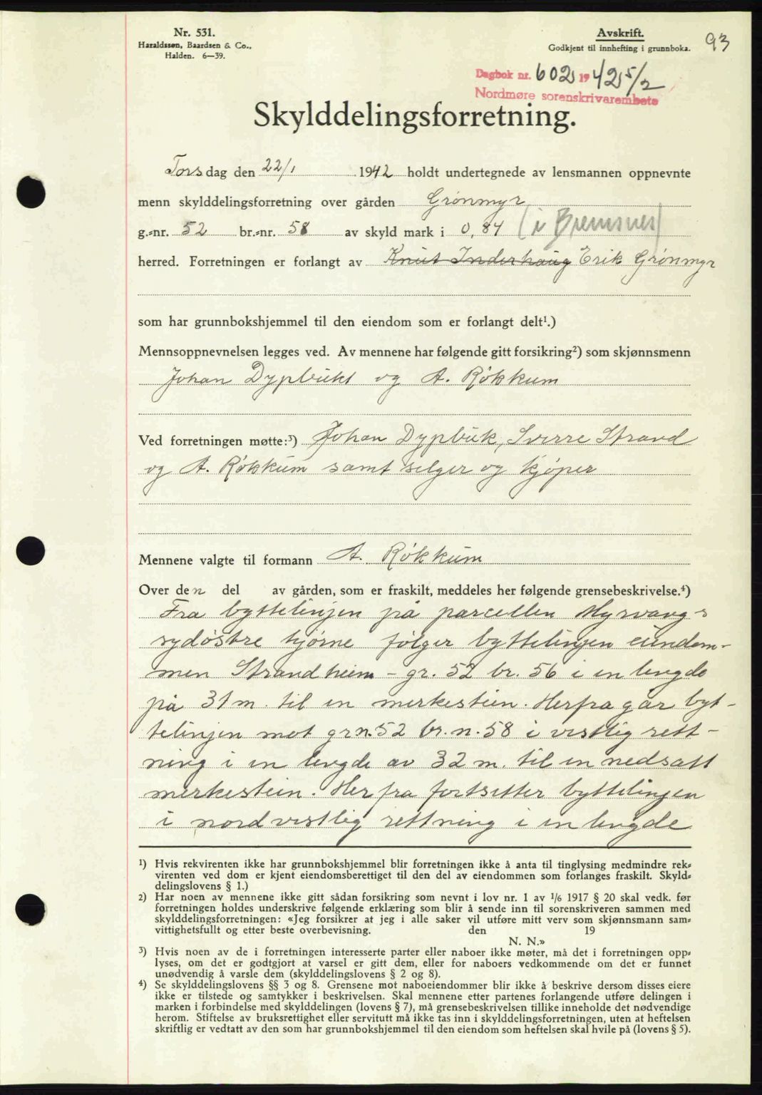 Nordmøre sorenskriveri, AV/SAT-A-4132/1/2/2Ca: Mortgage book no. A92, 1942-1942, Diary no: : 602/1942