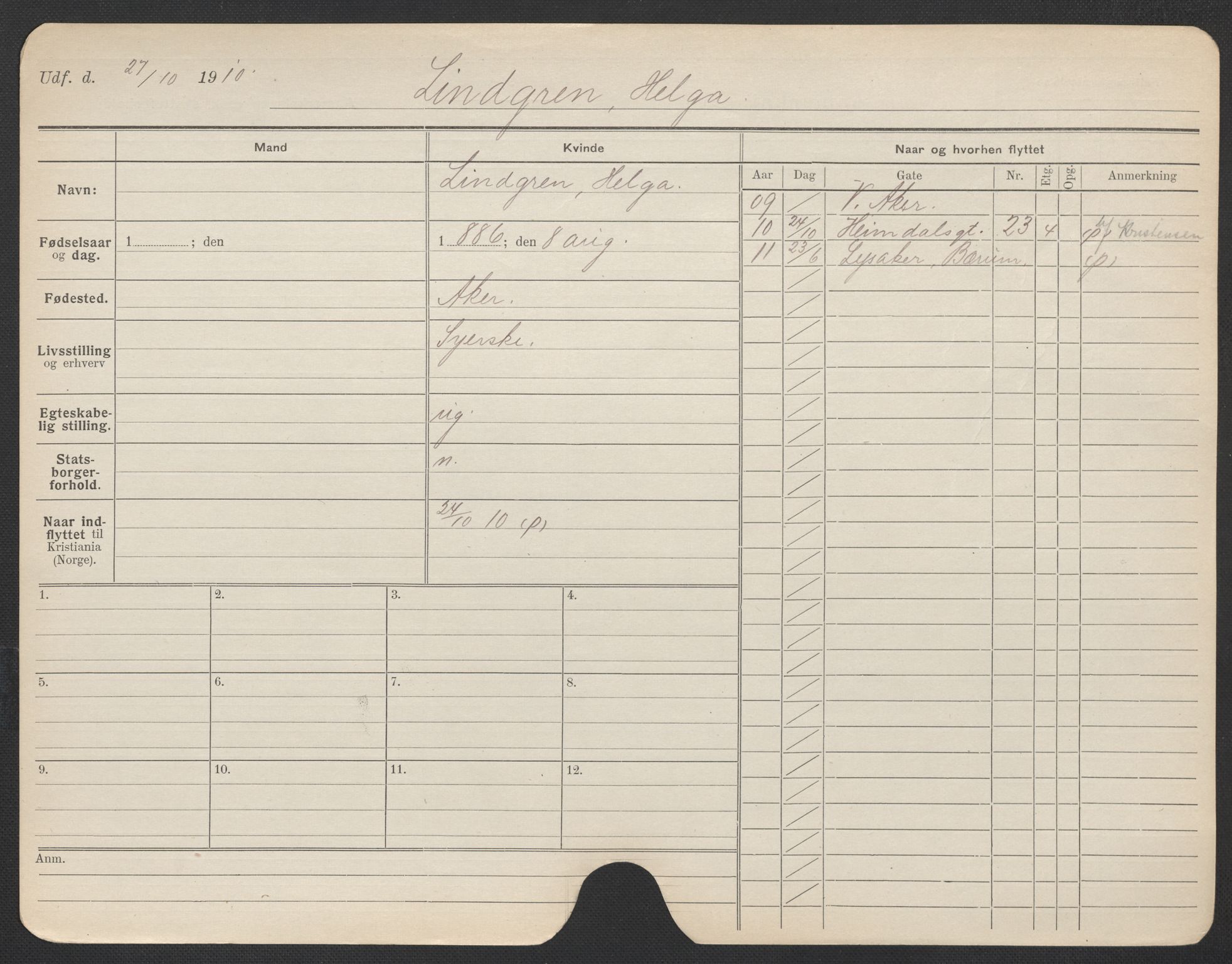 Oslo folkeregister, Registerkort, AV/SAO-A-11715/F/Fa/Fac/L0020: Kvinner, 1906-1914, p. 150a