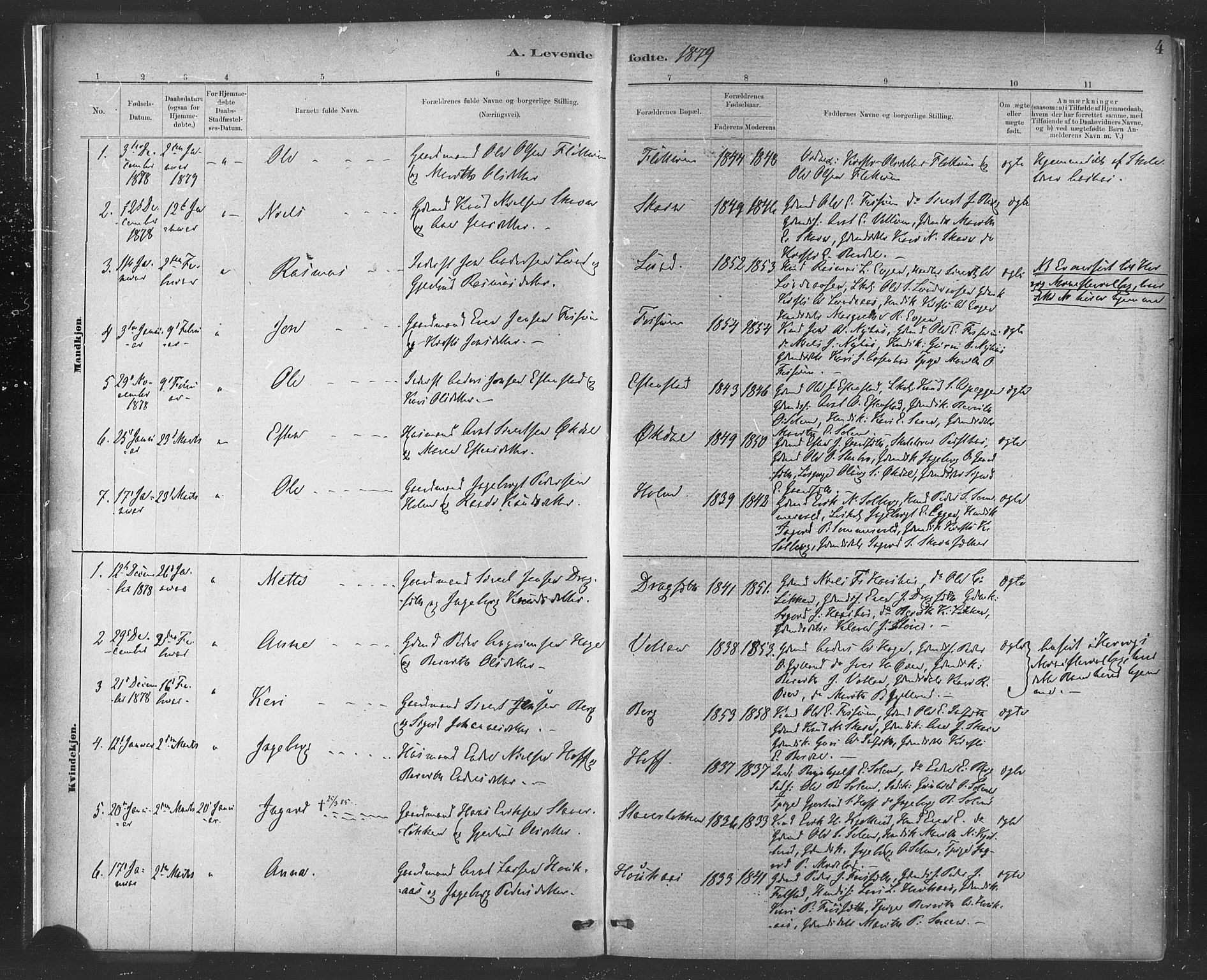 Ministerialprotokoller, klokkerbøker og fødselsregistre - Sør-Trøndelag, SAT/A-1456/689/L1040: Parish register (official) no. 689A05, 1878-1890, p. 4