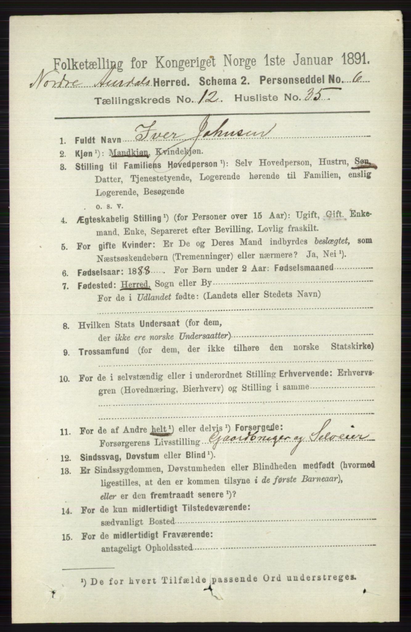 RA, 1891 census for 0542 Nord-Aurdal, 1891, p. 4692