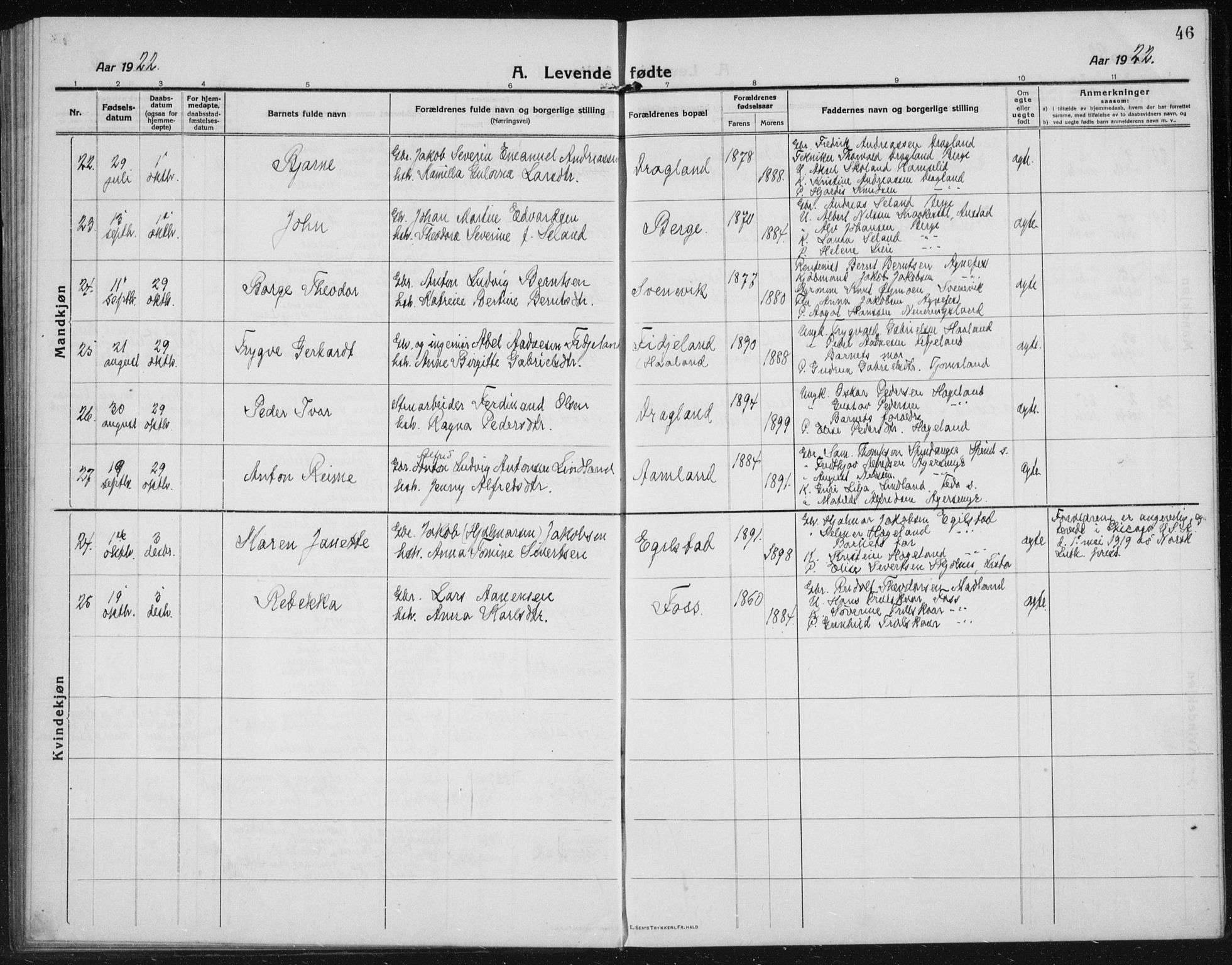 Lyngdal sokneprestkontor, AV/SAK-1111-0029/F/Fb/Fbc/L0006: Parish register (copy) no. B 6, 1914-1934, p. 46