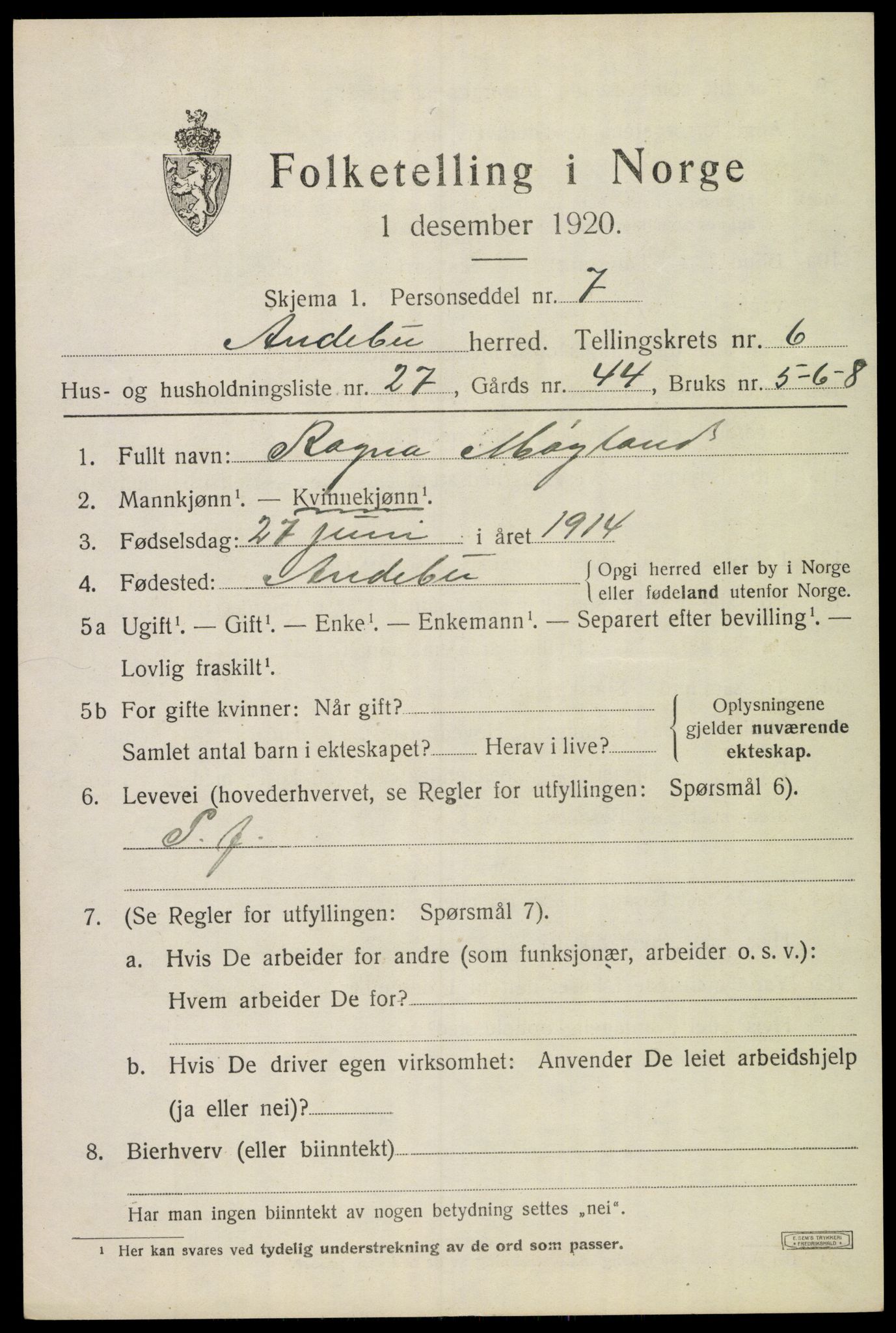 SAKO, 1920 census for Andebu, 1920, p. 3188