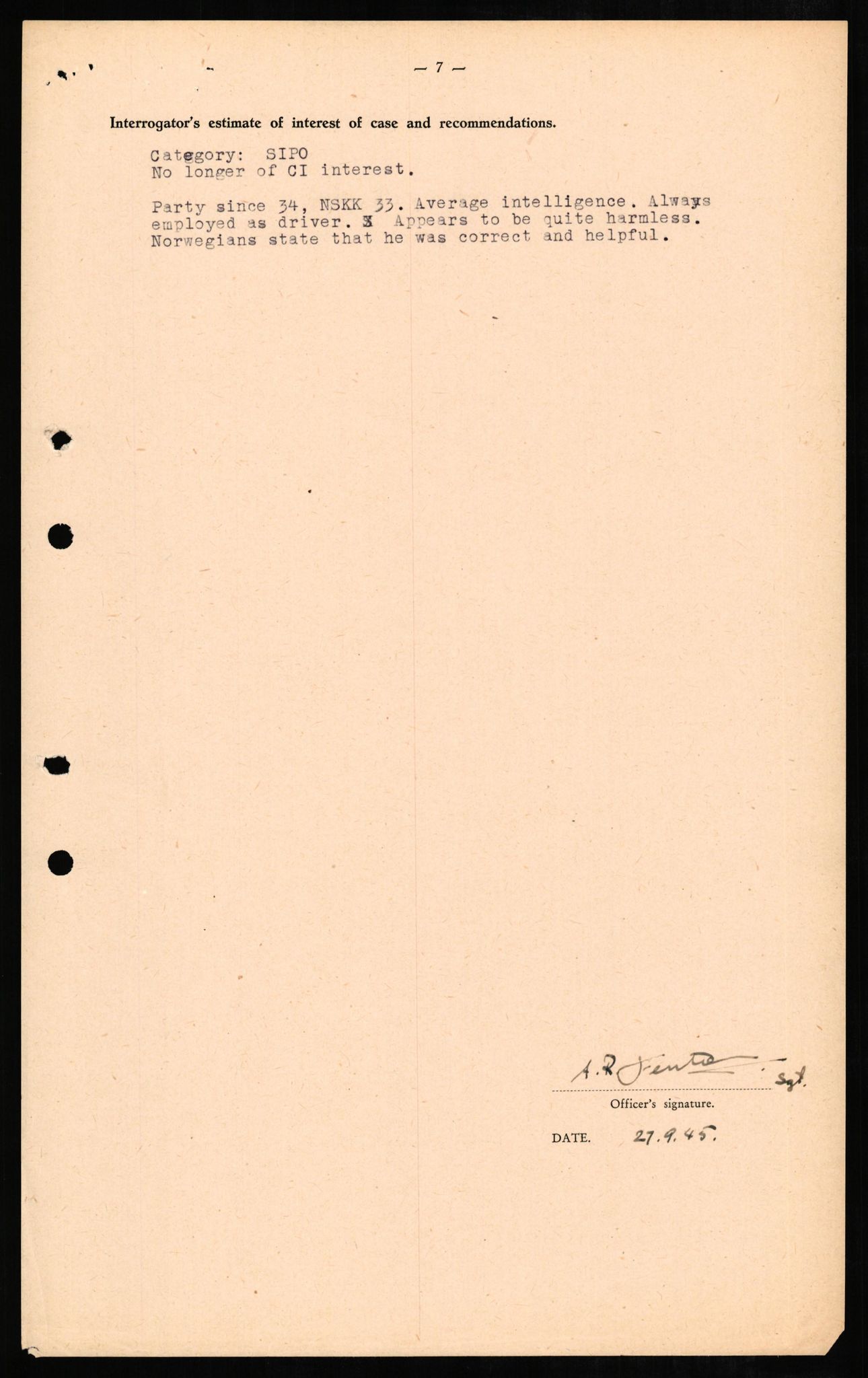 Forsvaret, Forsvarets overkommando II, AV/RA-RAFA-3915/D/Db/L0008: CI Questionaires. Tyske okkupasjonsstyrker i Norge. Tyskere., 1945-1946, p. 33