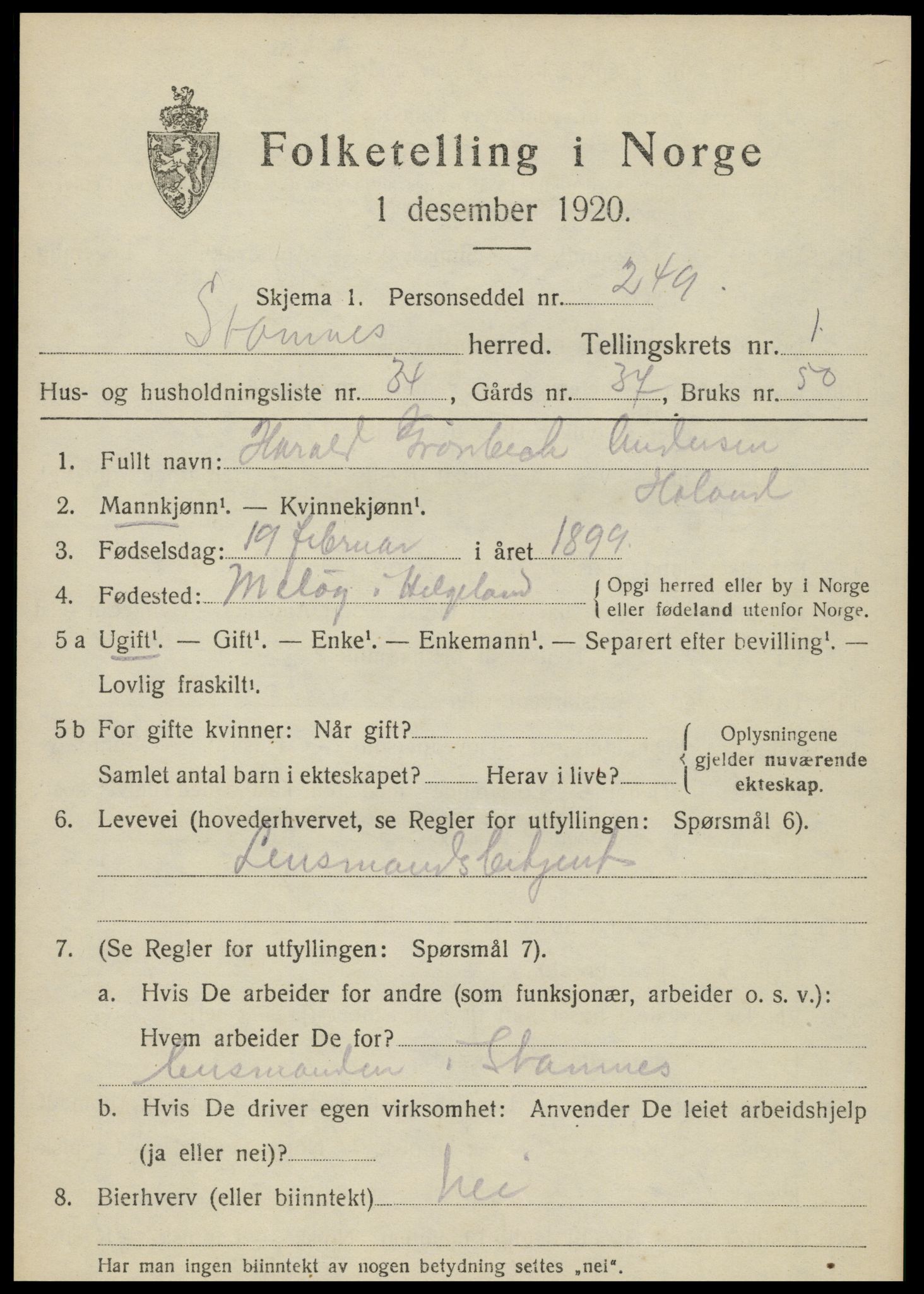 SAT, 1920 census for Stamnes, 1920, p. 1064