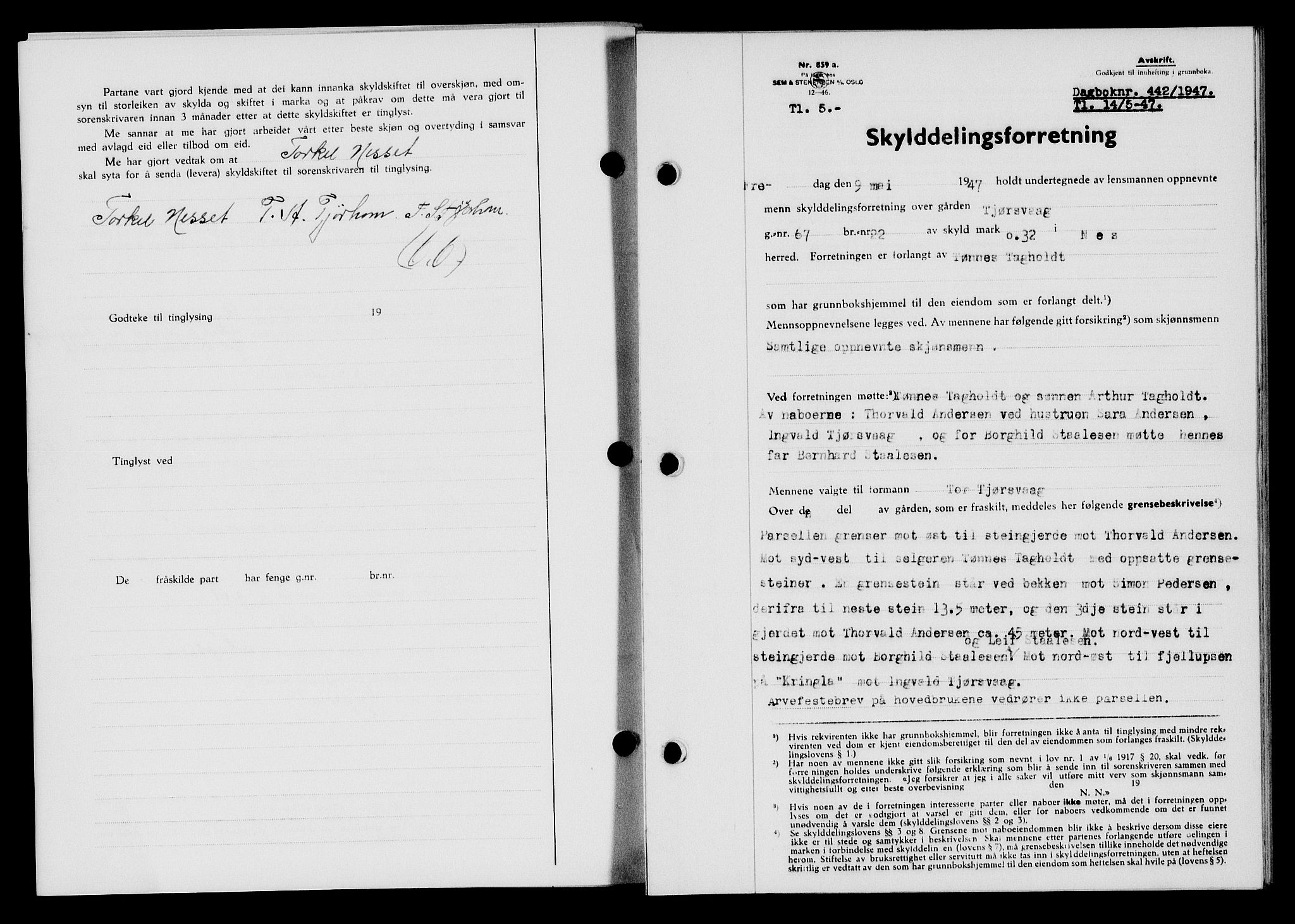 Flekkefjord sorenskriveri, SAK/1221-0001/G/Gb/Gba/L0062: Mortgage book no. A-10, 1947-1947, Diary no: : 442/1947