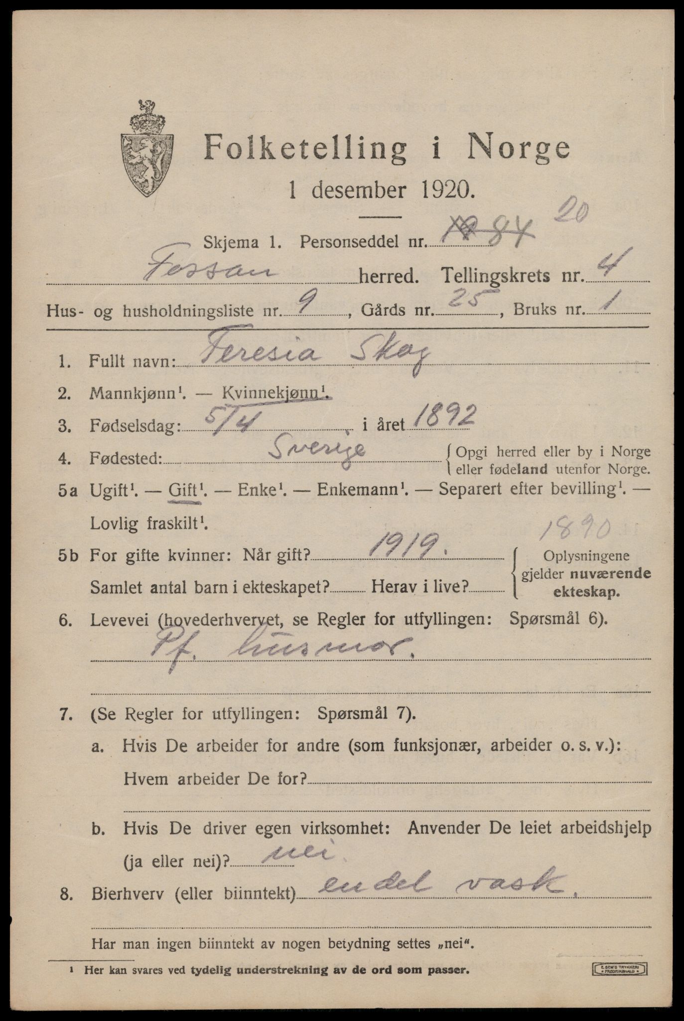 SAST, 1920 census for Forsand, 1920, p. 1783