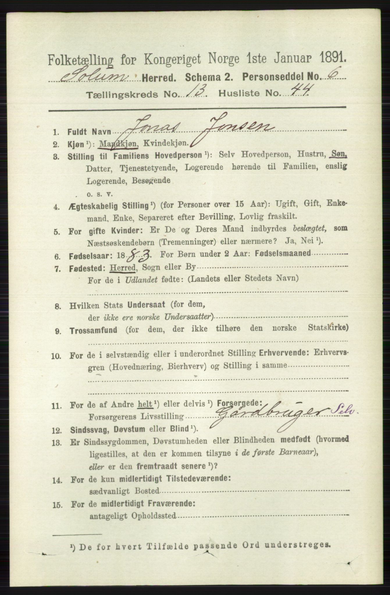 RA, 1891 census for 0818 Solum, 1891, p. 6280