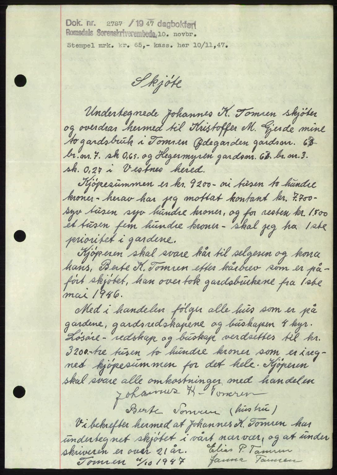 Romsdal sorenskriveri, SAT/A-4149/1/2/2C: Mortgage book no. A24, 1947-1947, Diary no: : 2787/1947