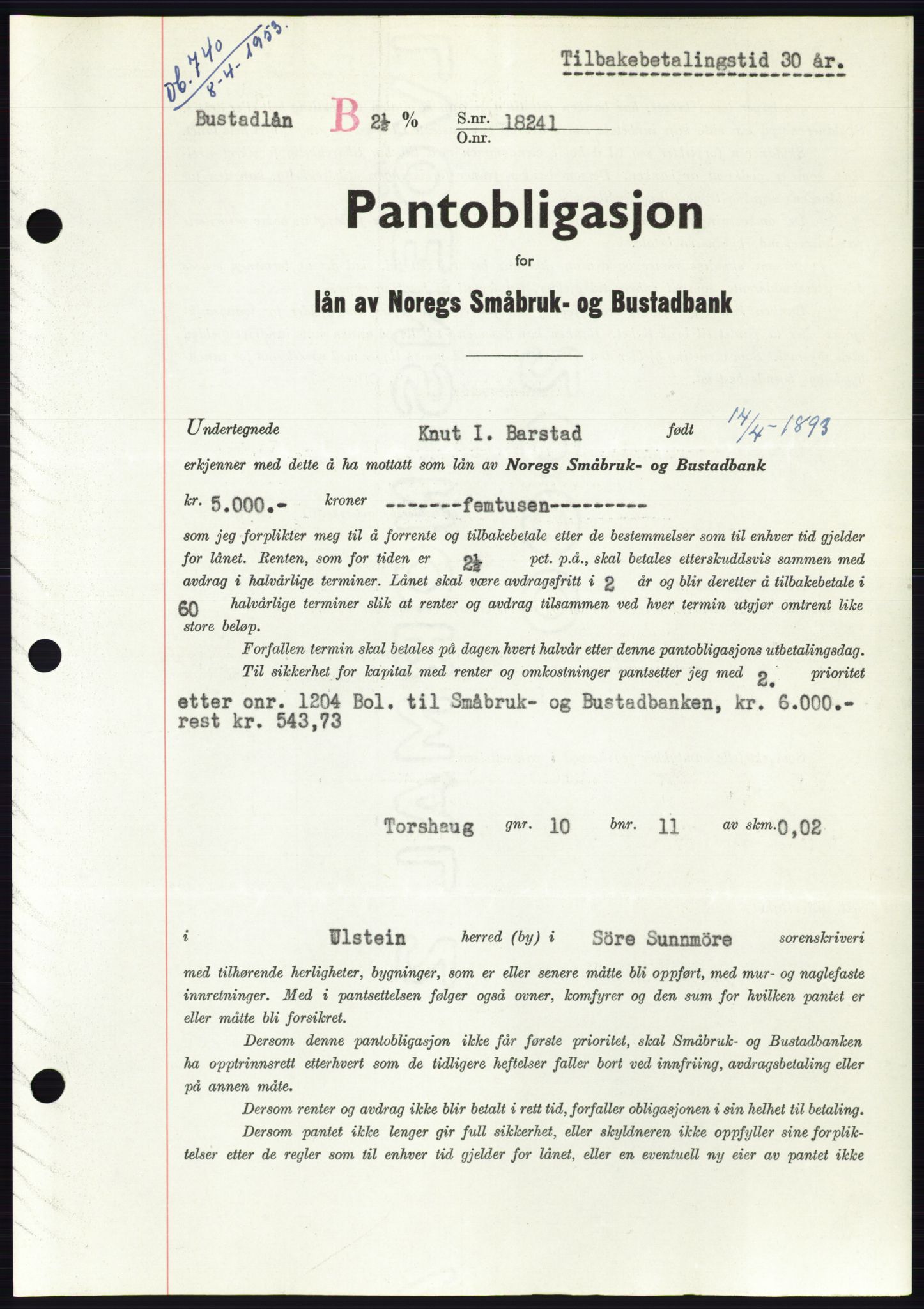 Søre Sunnmøre sorenskriveri, AV/SAT-A-4122/1/2/2C/L0123: Mortgage book no. 11B, 1953-1953, Diary no: : 740/1953