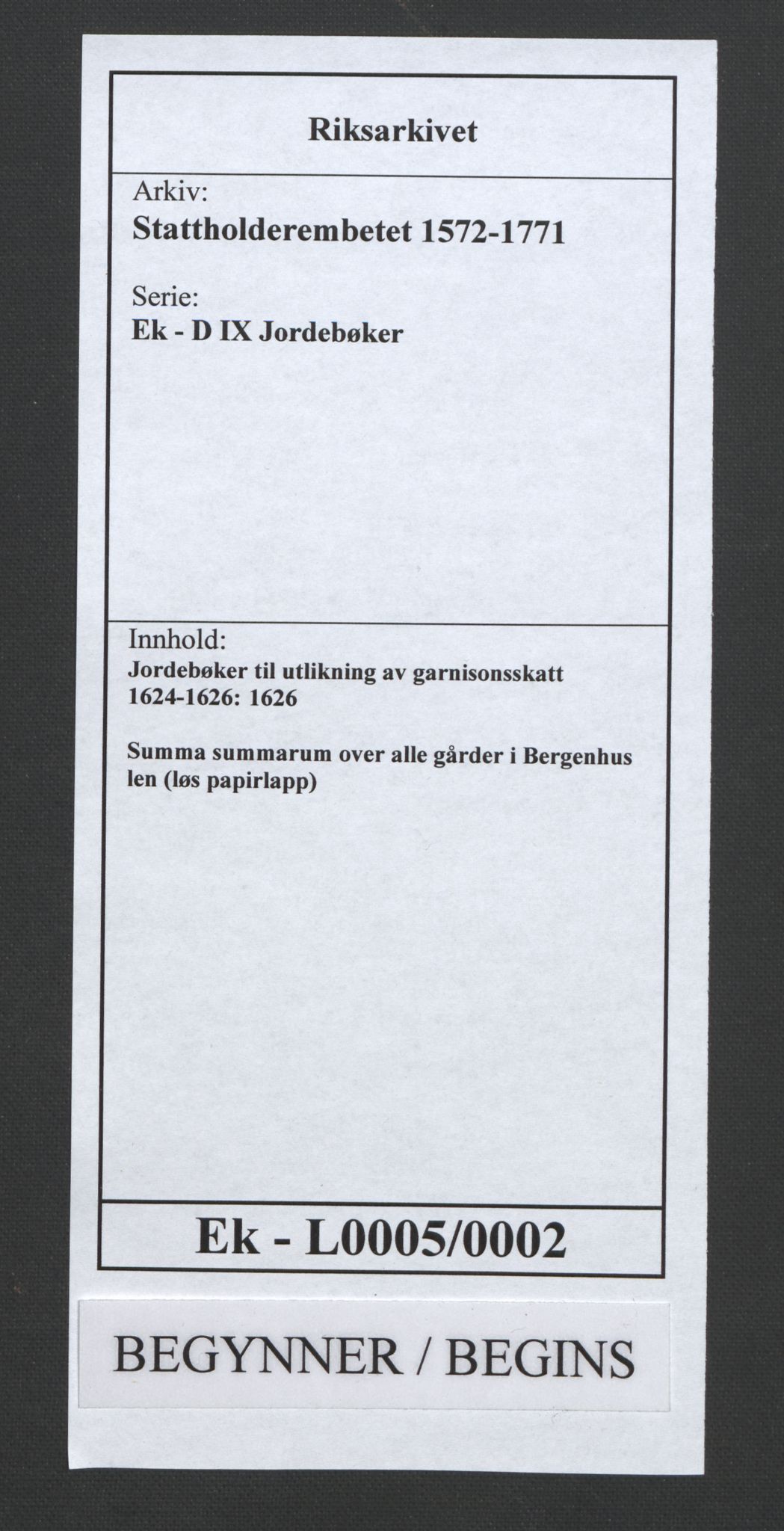 Stattholderembetet 1572-1771, RA/EA-2870/Ek/L0005/0002: Jordebøker til utlikning av garnisonsskatt 1624-1626: / Summa summarum over alle gårder i Bergenhus len (løs papirlapp), 1626, p. 1