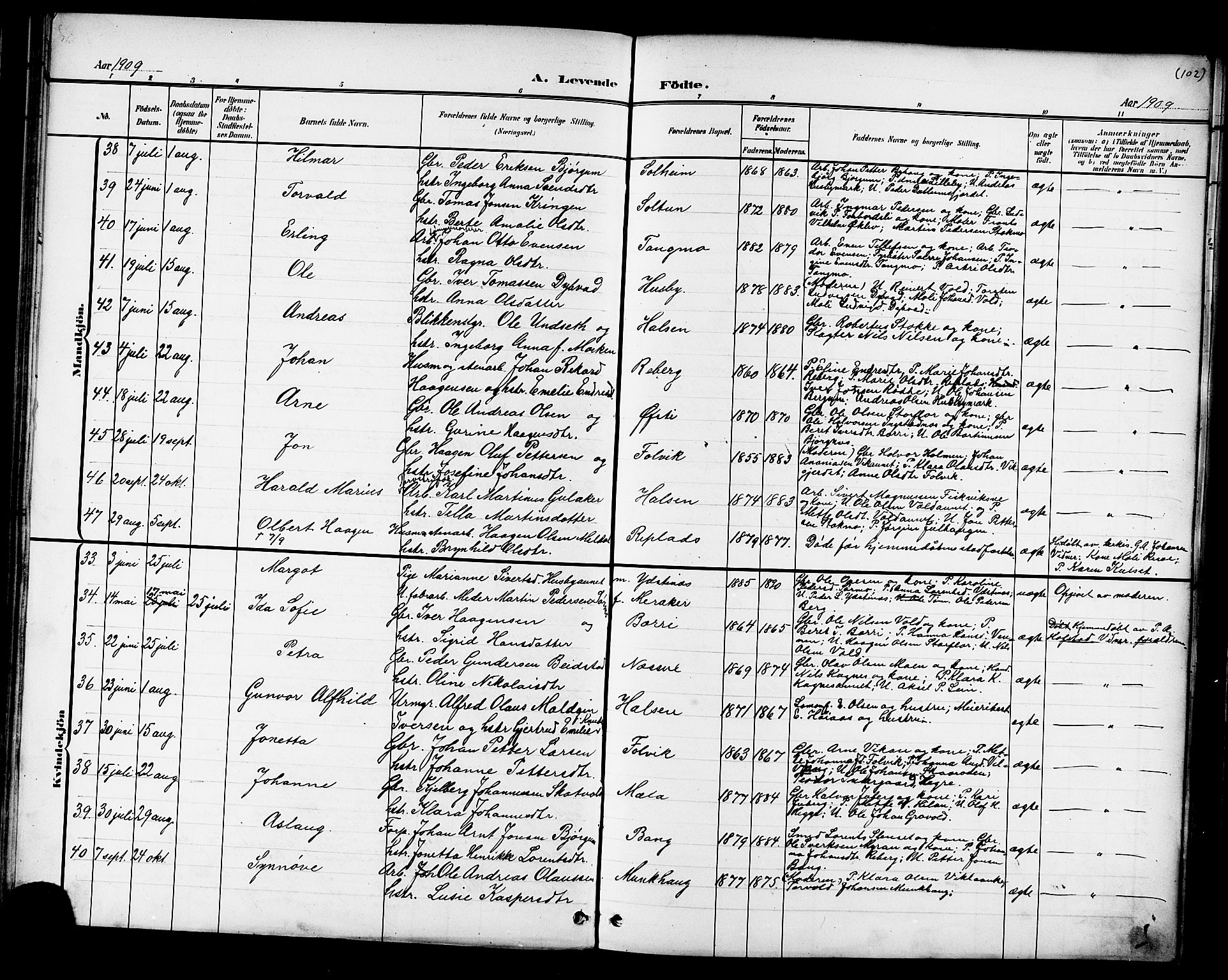 Ministerialprotokoller, klokkerbøker og fødselsregistre - Nord-Trøndelag, AV/SAT-A-1458/709/L0087: Parish register (copy) no. 709C01, 1892-1913, p. 102