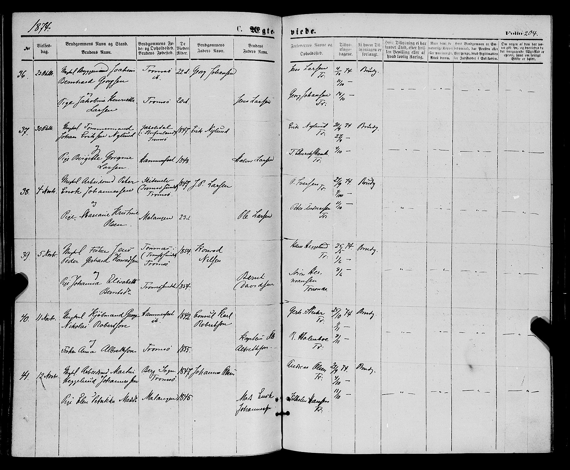 Tromsø sokneprestkontor/stiftsprosti/domprosti, SATØ/S-1343/G/Ga/L0013kirke: Parish register (official) no. 13, 1872-1877, p. 204