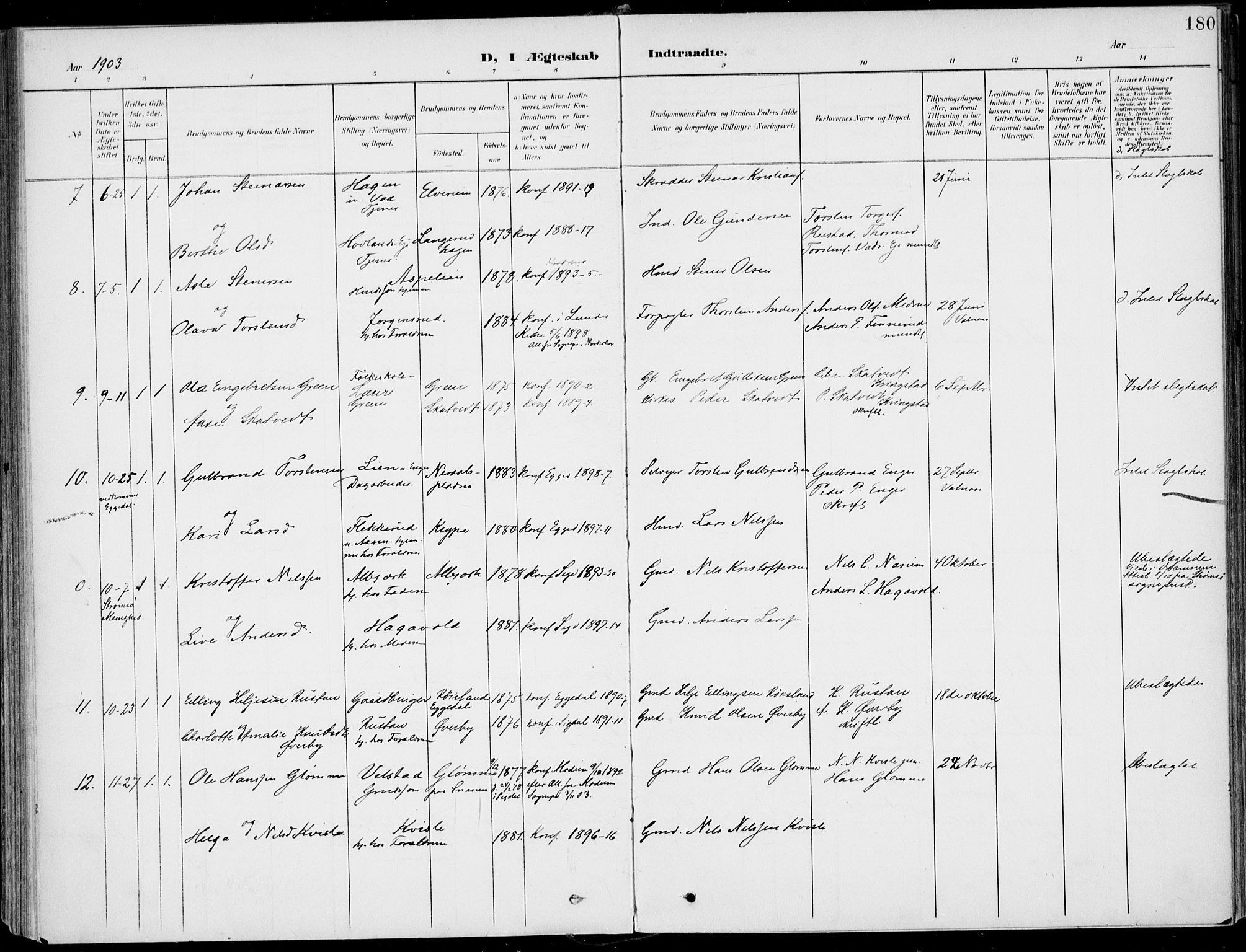 Sigdal kirkebøker, AV/SAKO-A-245/F/Fb/L0002: Parish register (official) no. II 2, 1901-1914, p. 180