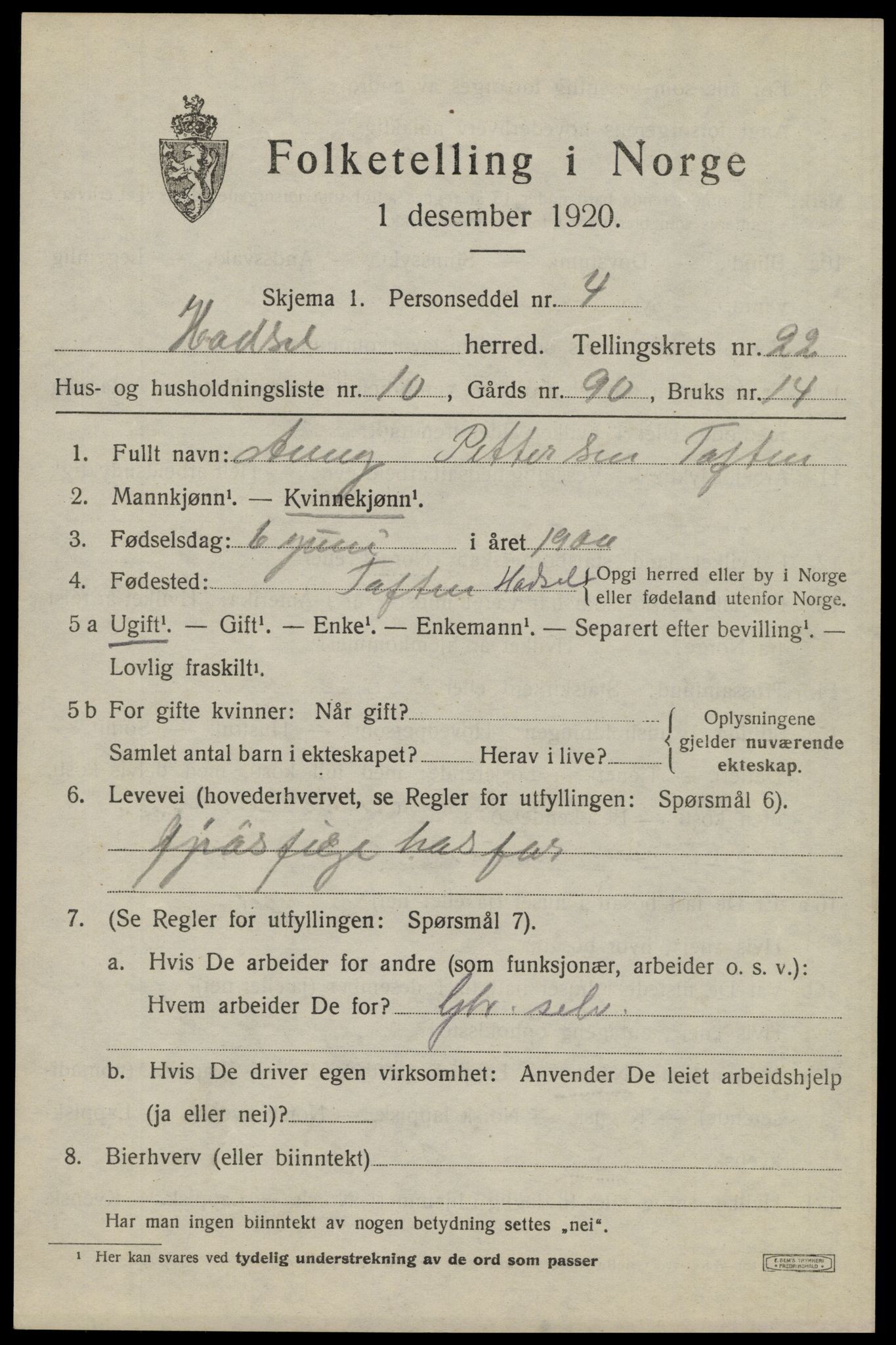 SAT, 1920 census for Hadsel, 1920, p. 20030