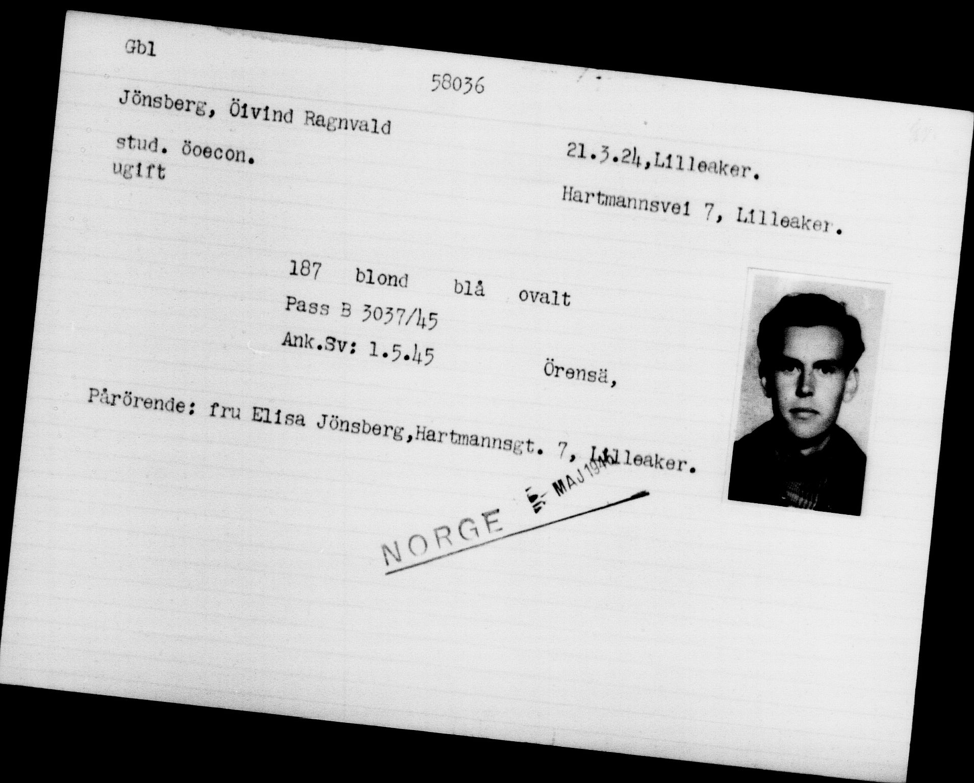 Utenriksstasjonene, Legasjonen i Stockholm, Flyktningkontoret, AV/RA-S-6753/V/Va/L0020: Kjesäterkartoteket, flyktninger med registreringsnr. 55000-58245, 1940-1945, p. 3031