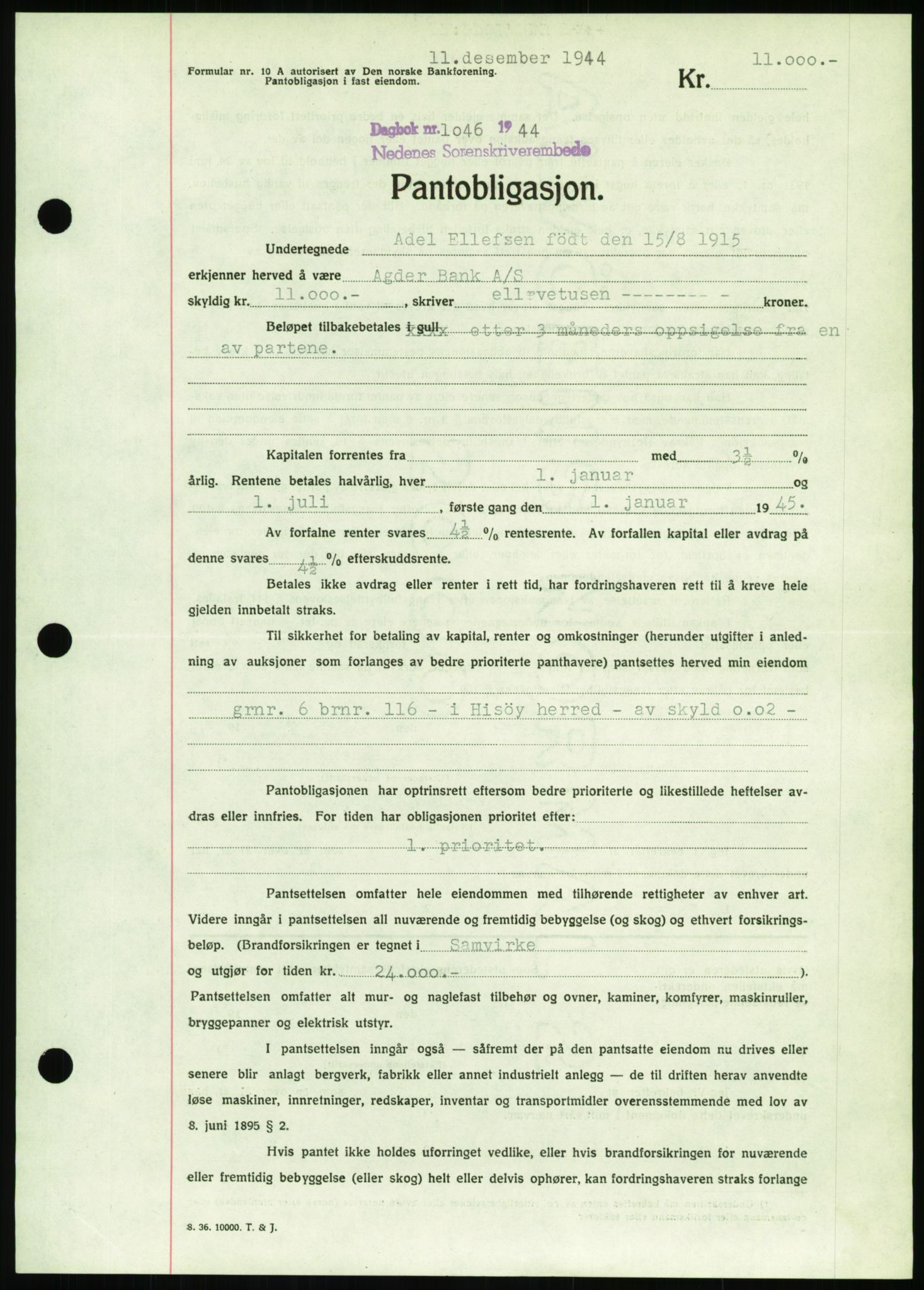 Nedenes sorenskriveri, AV/SAK-1221-0006/G/Gb/Gbb/L0002: Mortgage book no. II, 1942-1945, Diary no: : 1046/1944