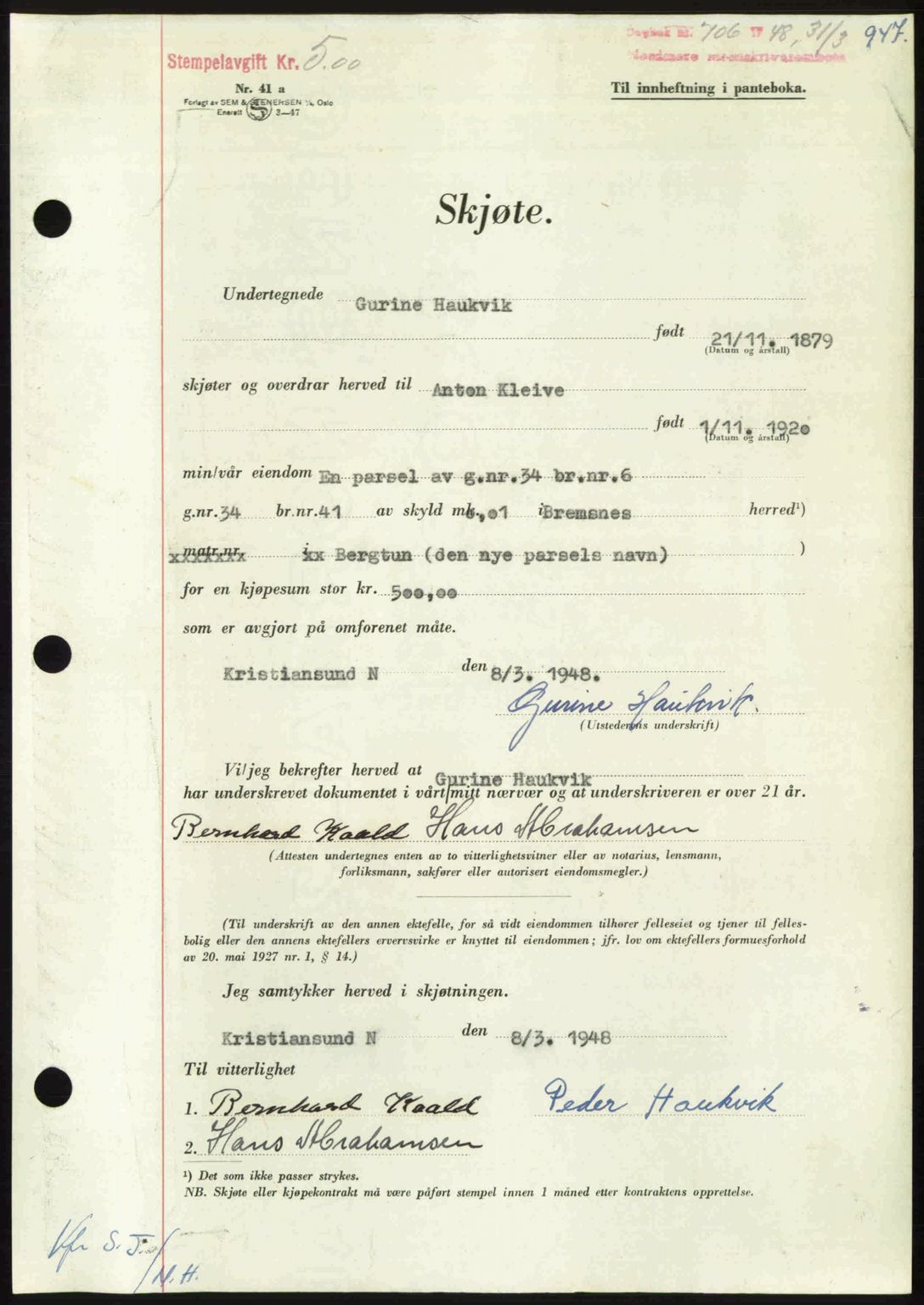 Nordmøre sorenskriveri, AV/SAT-A-4132/1/2/2Ca: Mortgage book no. A107, 1947-1948, Diary no: : 706/1948