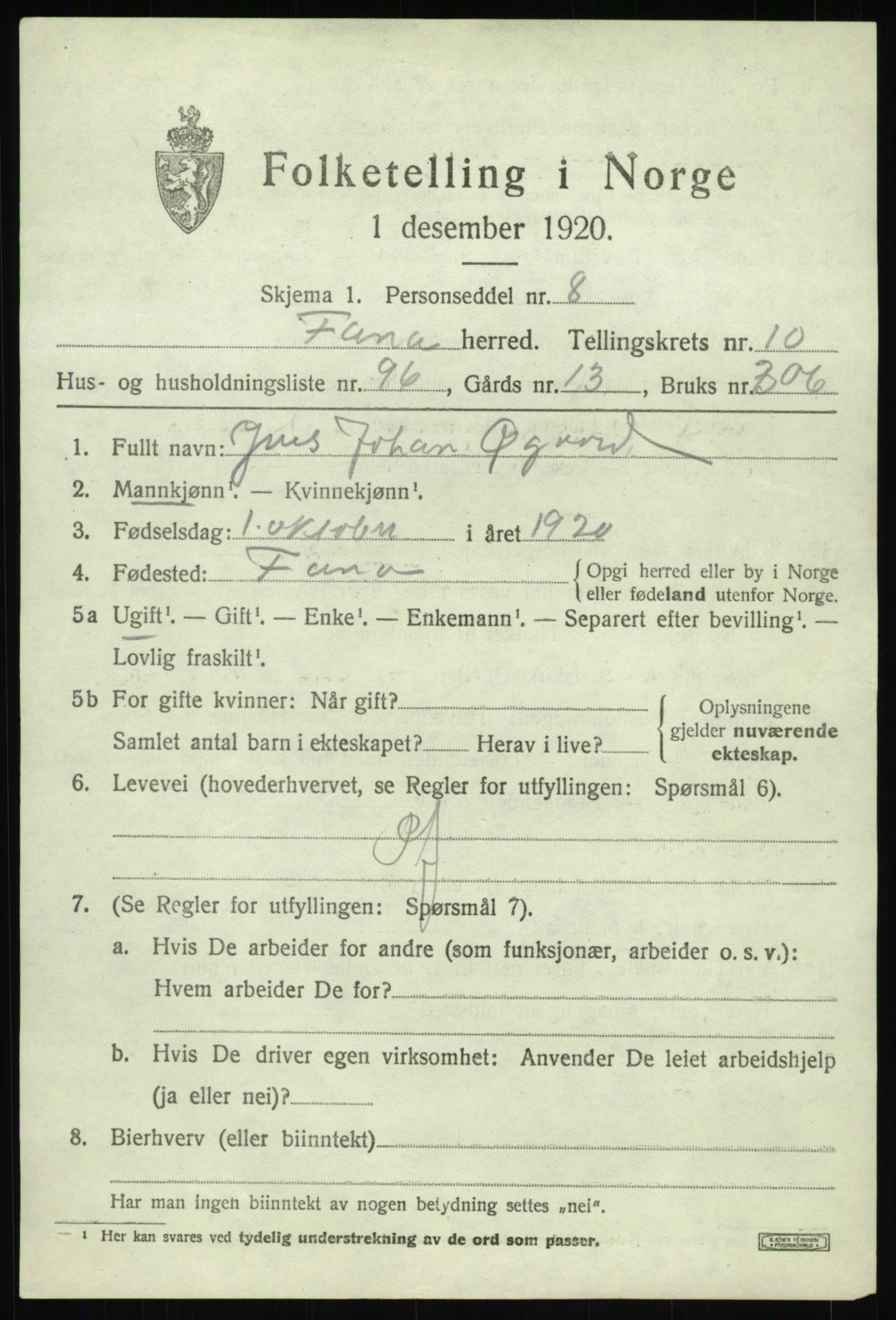 SAB, 1920 census for Fana, 1920, p. 17963