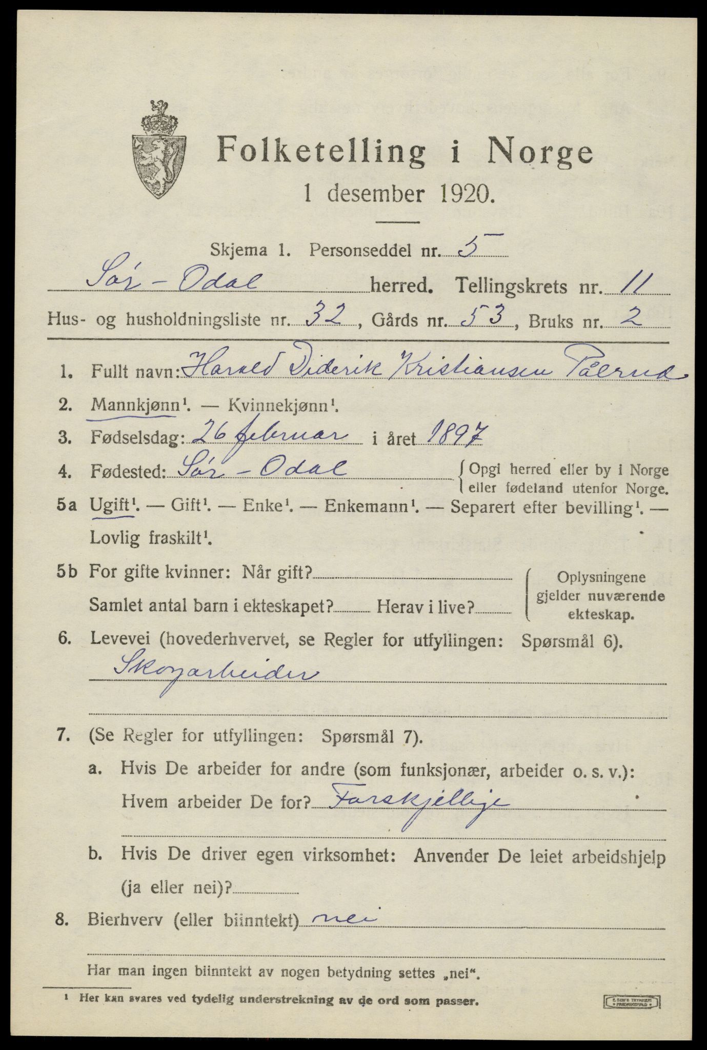 SAH, 1920 census for Sør-Odal, 1920, p. 12187