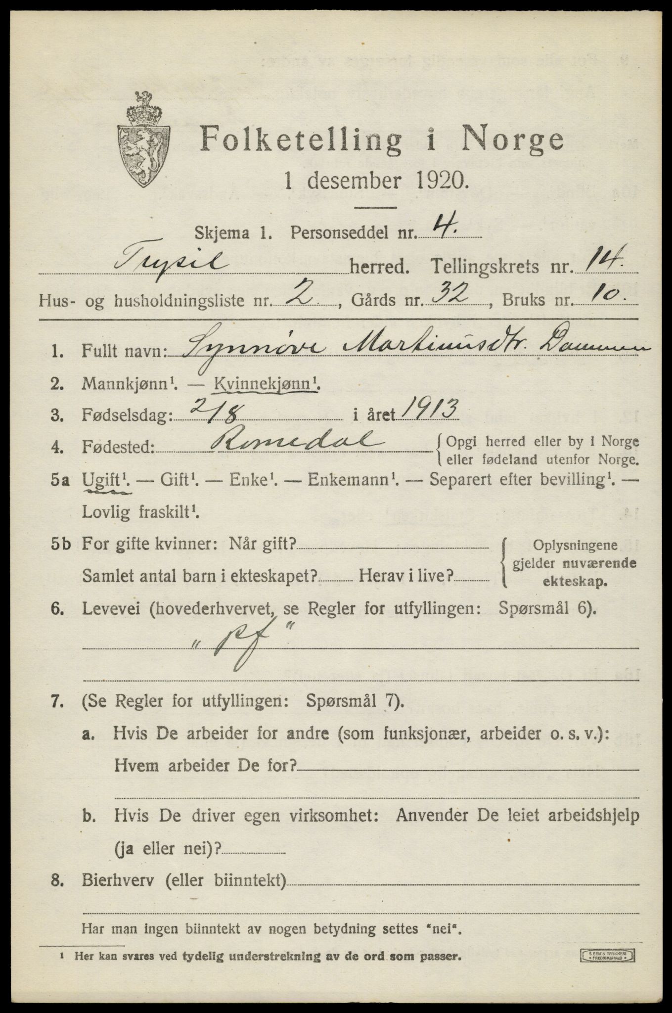 SAH, 1920 census for Trysil, 1920, p. 7889