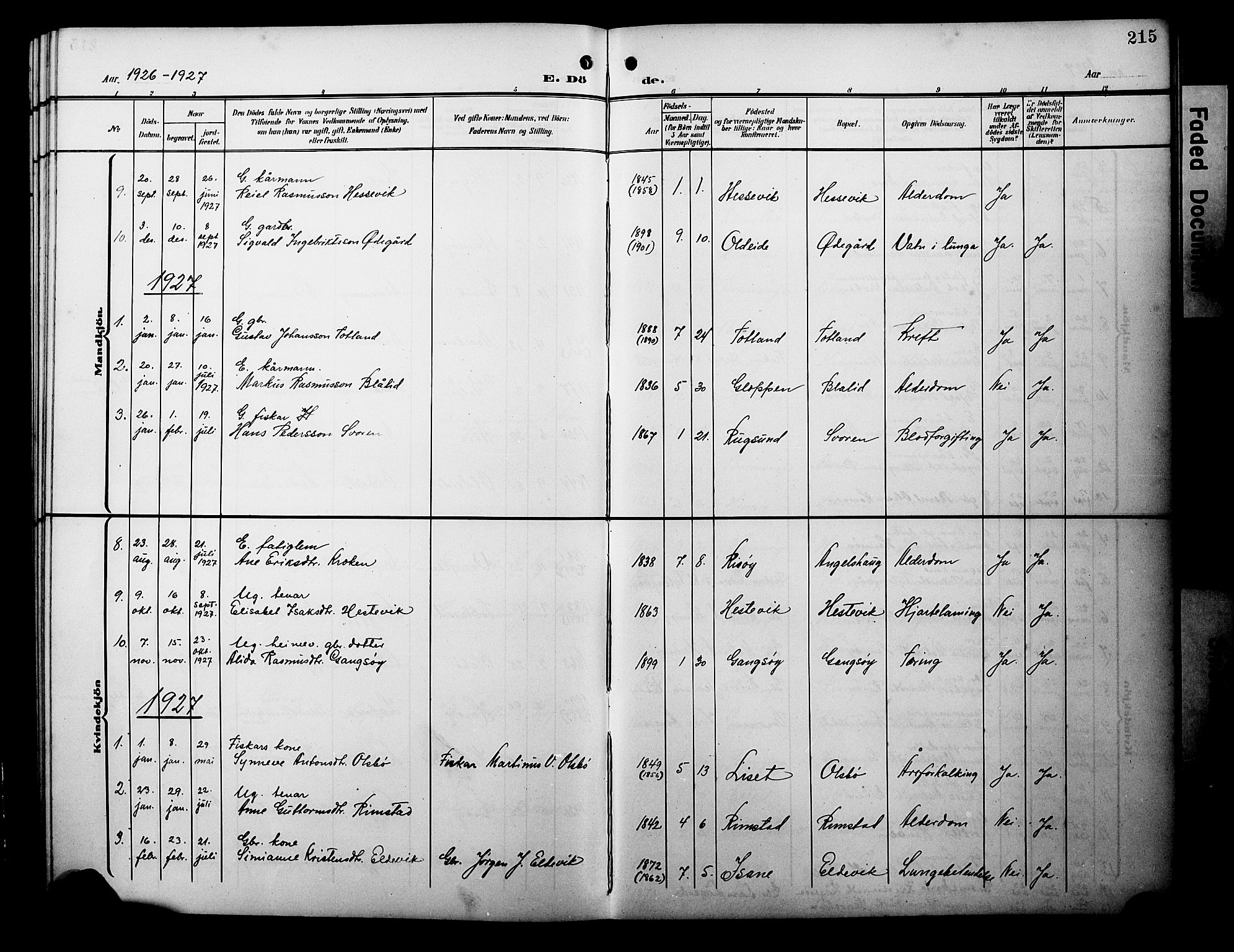 Davik sokneprestembete, AV/SAB-A-79701/H/Hab/Habc/L0003: Parish register (copy) no. C 3, 1907-1929, p. 215