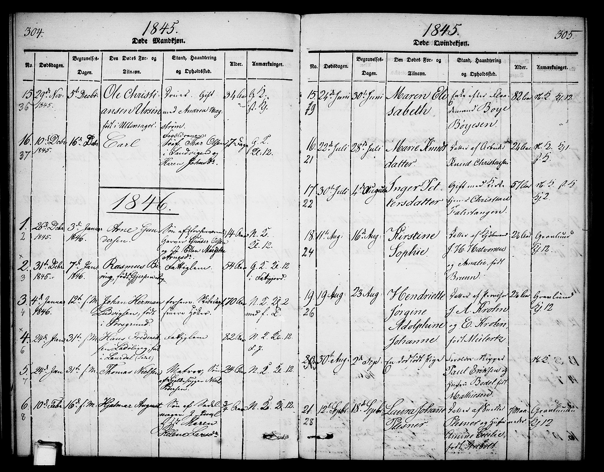 Skien kirkebøker, SAKO/A-302/G/Ga/L0003: Parish register (copy) no. 3, 1843-1847, p. 304-305