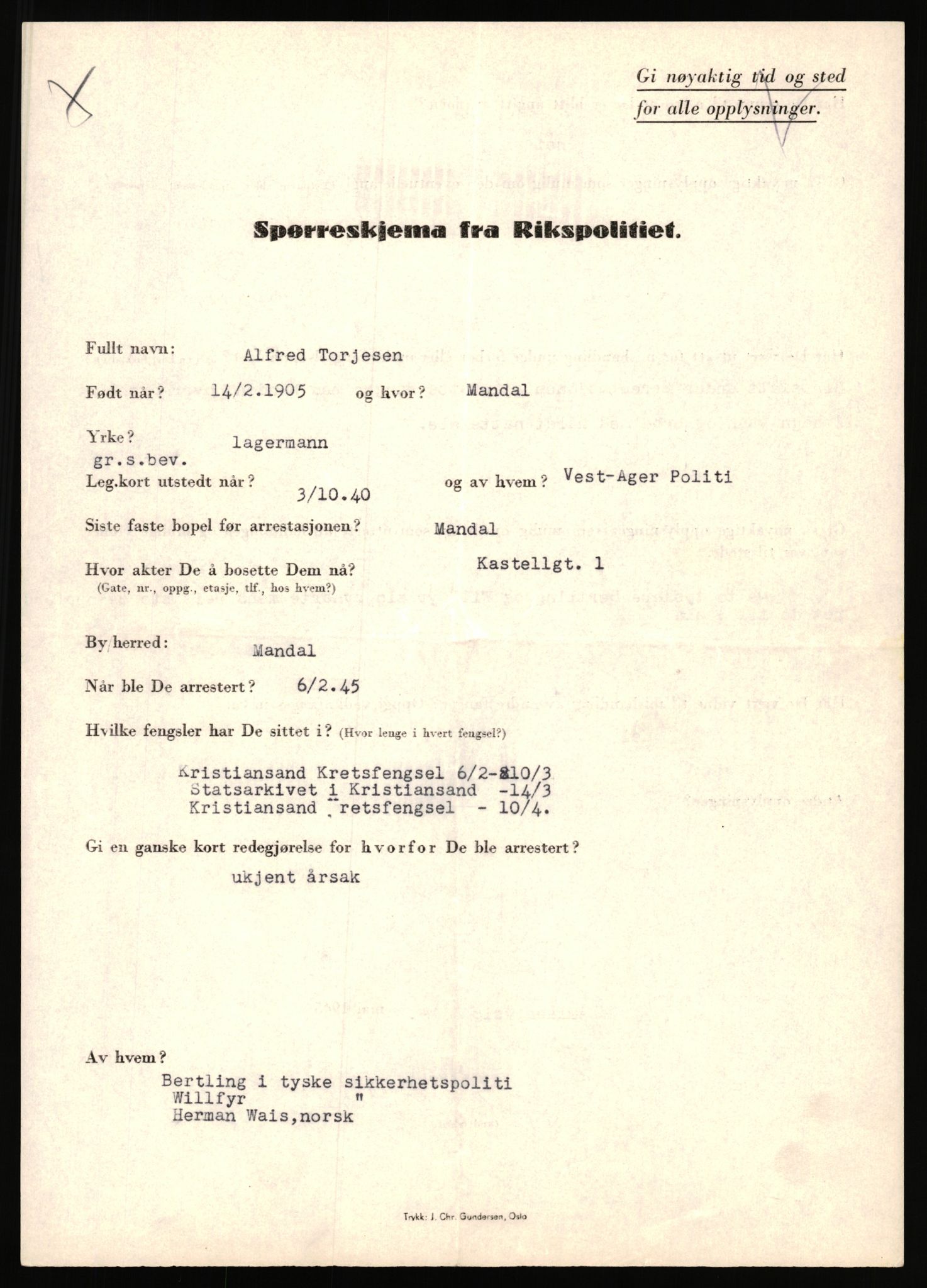 Rikspolitisjefen, AV/RA-S-1560/L/L0017: Tidemann, Hermann G. - Veum, Tjostolv, 1940-1945, p. 259