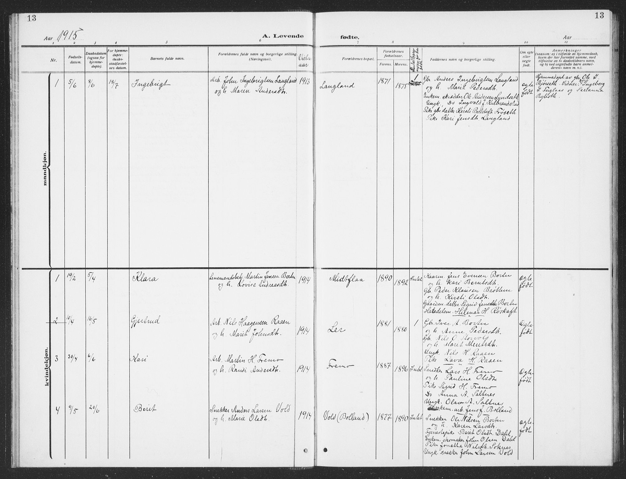 Ministerialprotokoller, klokkerbøker og fødselsregistre - Sør-Trøndelag, SAT/A-1456/693/L1124: Parish register (copy) no. 693C05, 1911-1941, p. 13
