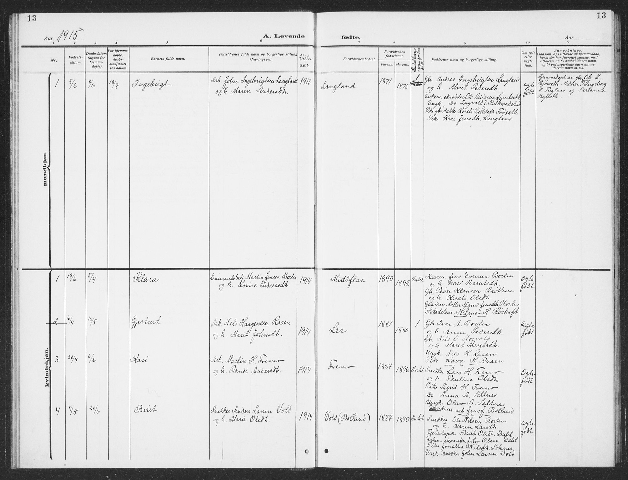 Ministerialprotokoller, klokkerbøker og fødselsregistre - Sør-Trøndelag, AV/SAT-A-1456/693/L1124: Parish register (copy) no. 693C05, 1911-1941, p. 13