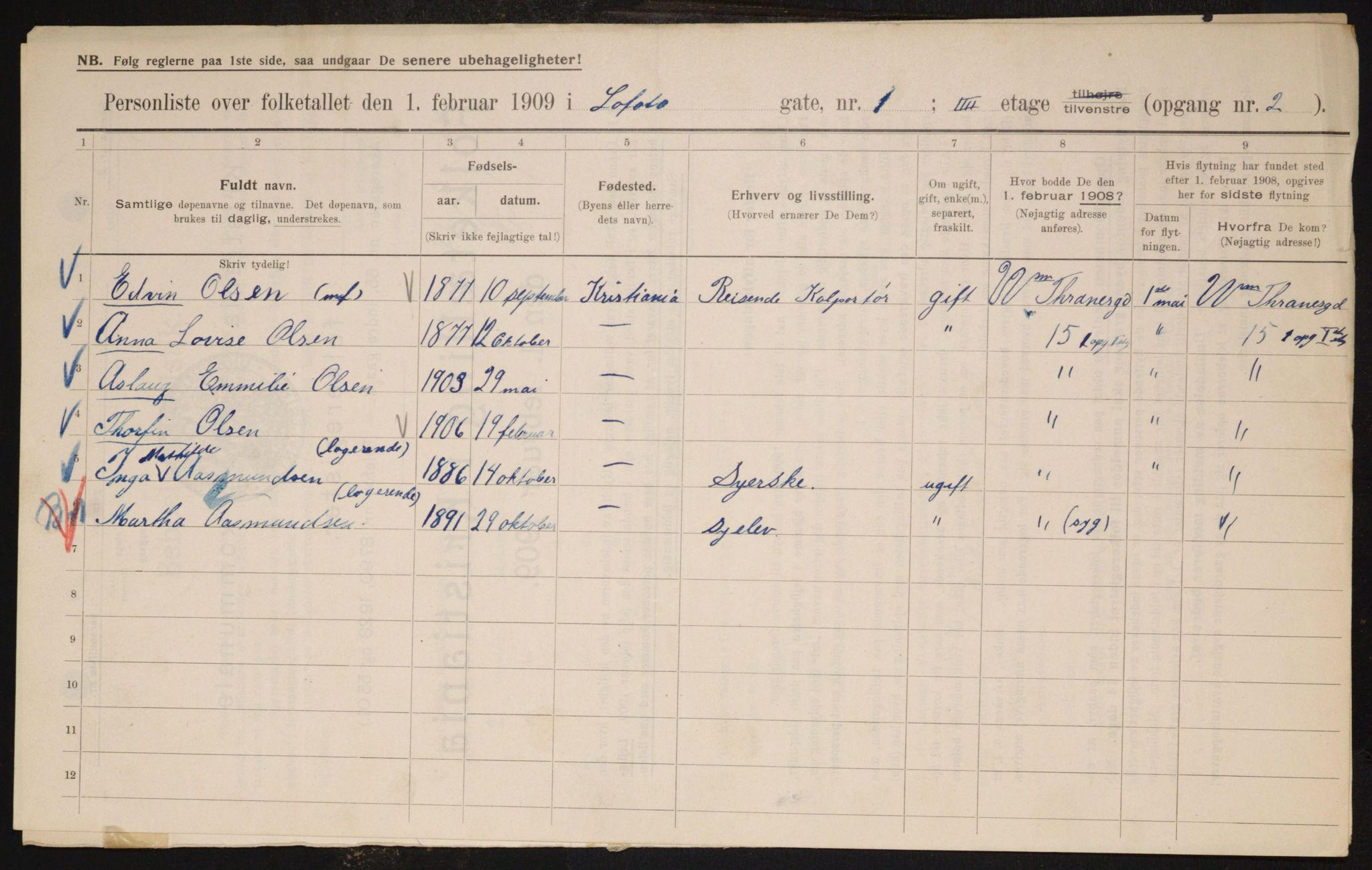 OBA, Municipal Census 1909 for Kristiania, 1909, p. 53087