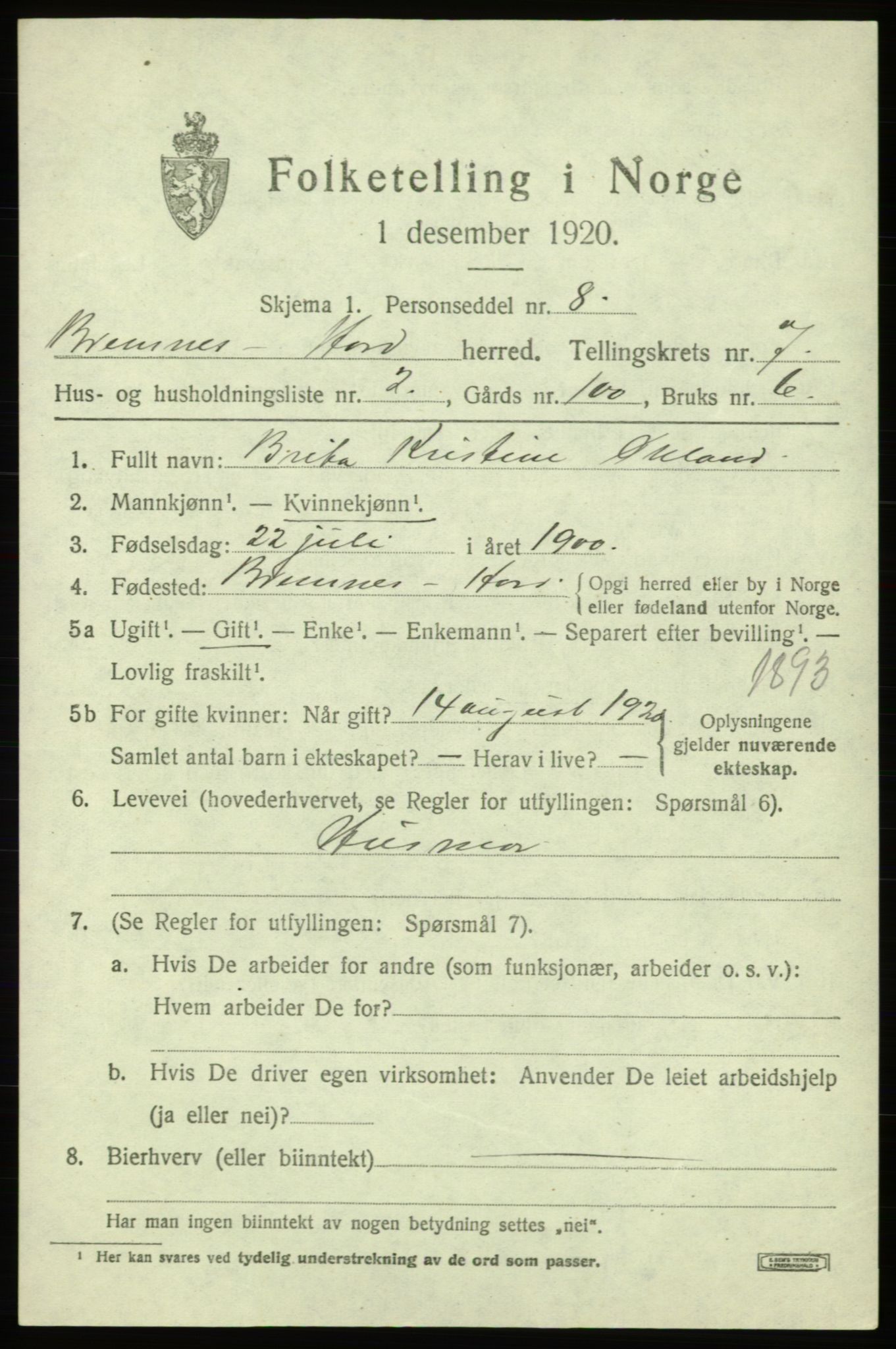 SAB, 1920 census for Bremnes, 1920, p. 4042