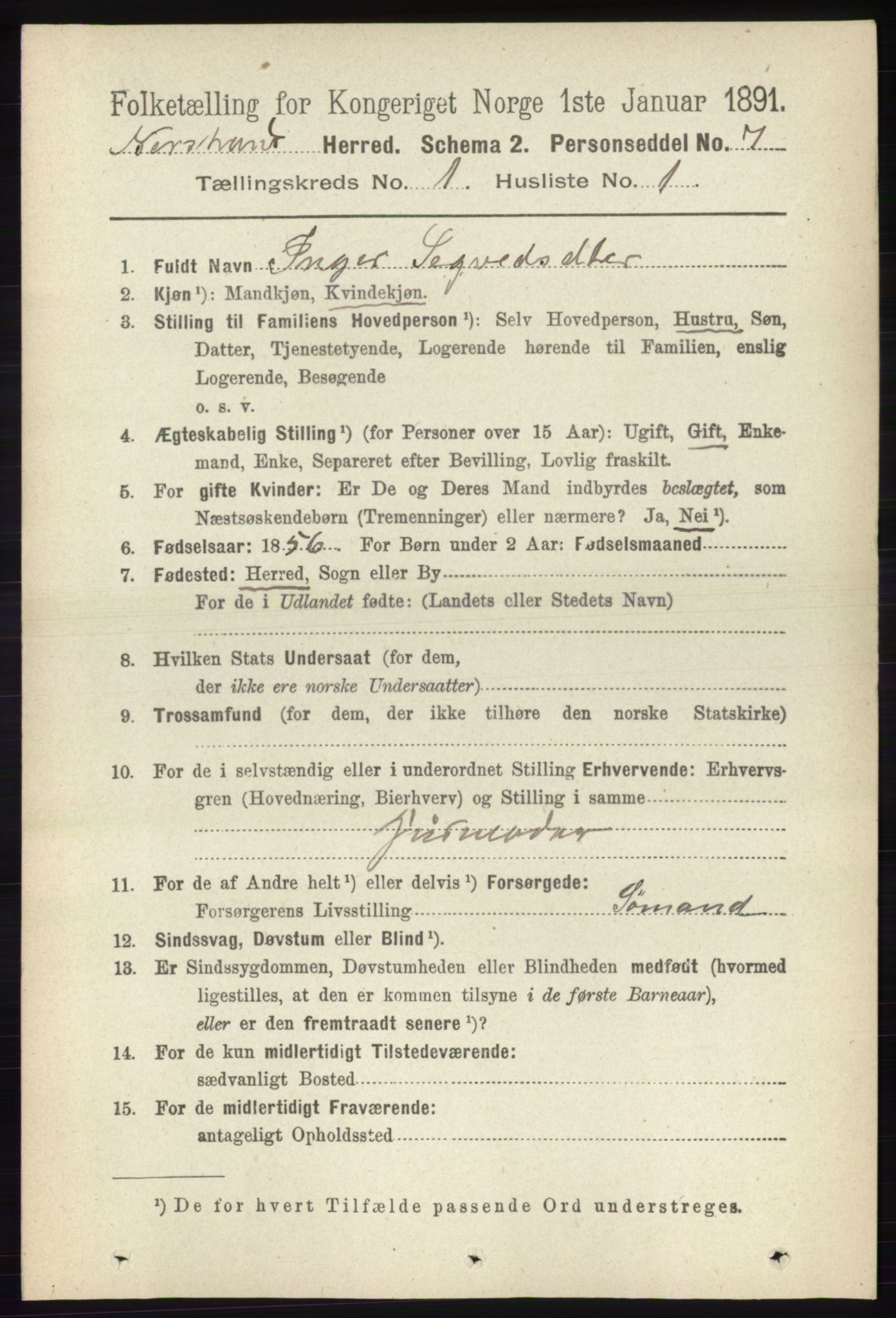 RA, 1891 census for 1139 Nedstrand, 1891, p. 58