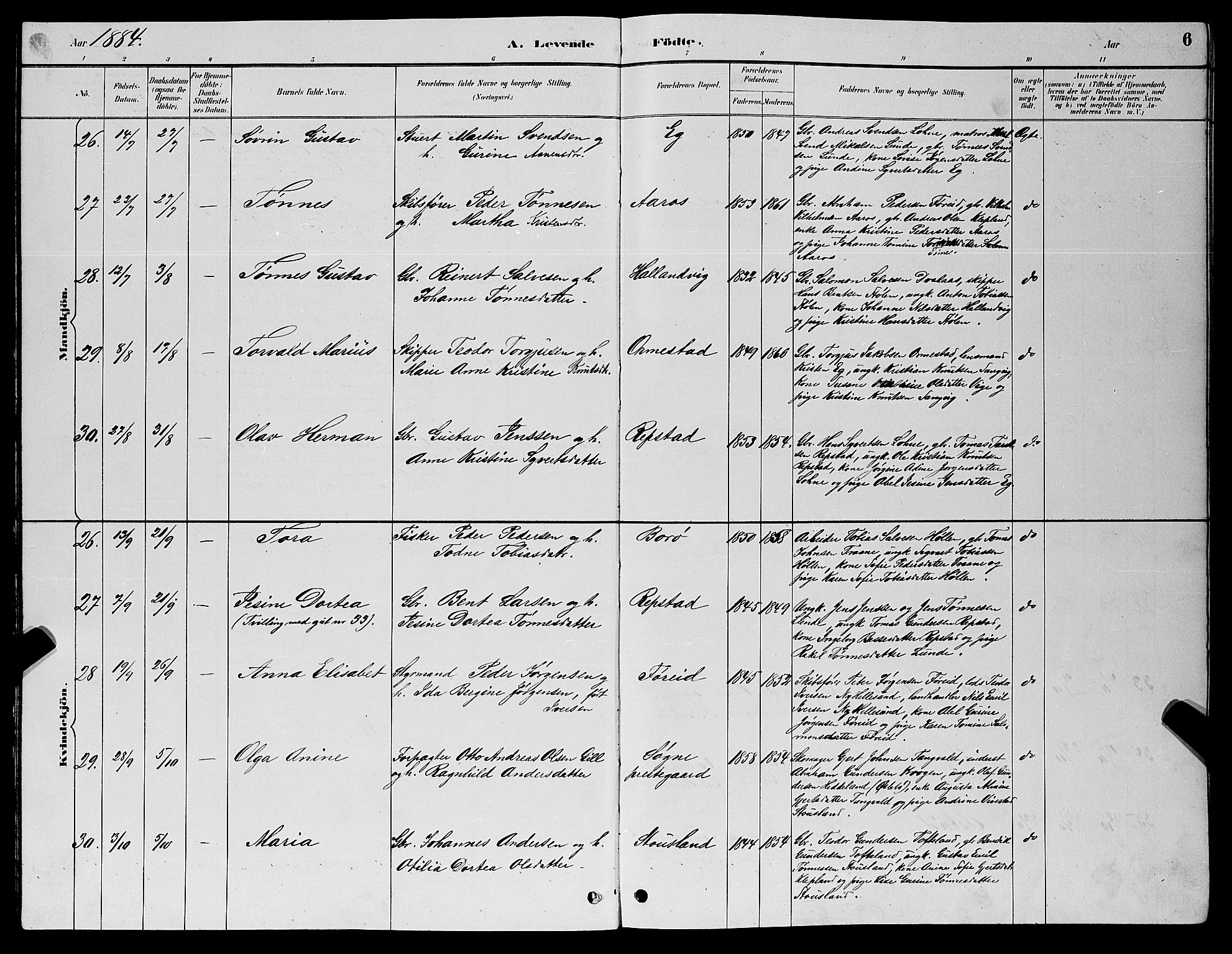 Søgne sokneprestkontor, SAK/1111-0037/F/Fb/Fbb/L0005: Parish register (copy) no. B 5, 1884-1891, p. 6
