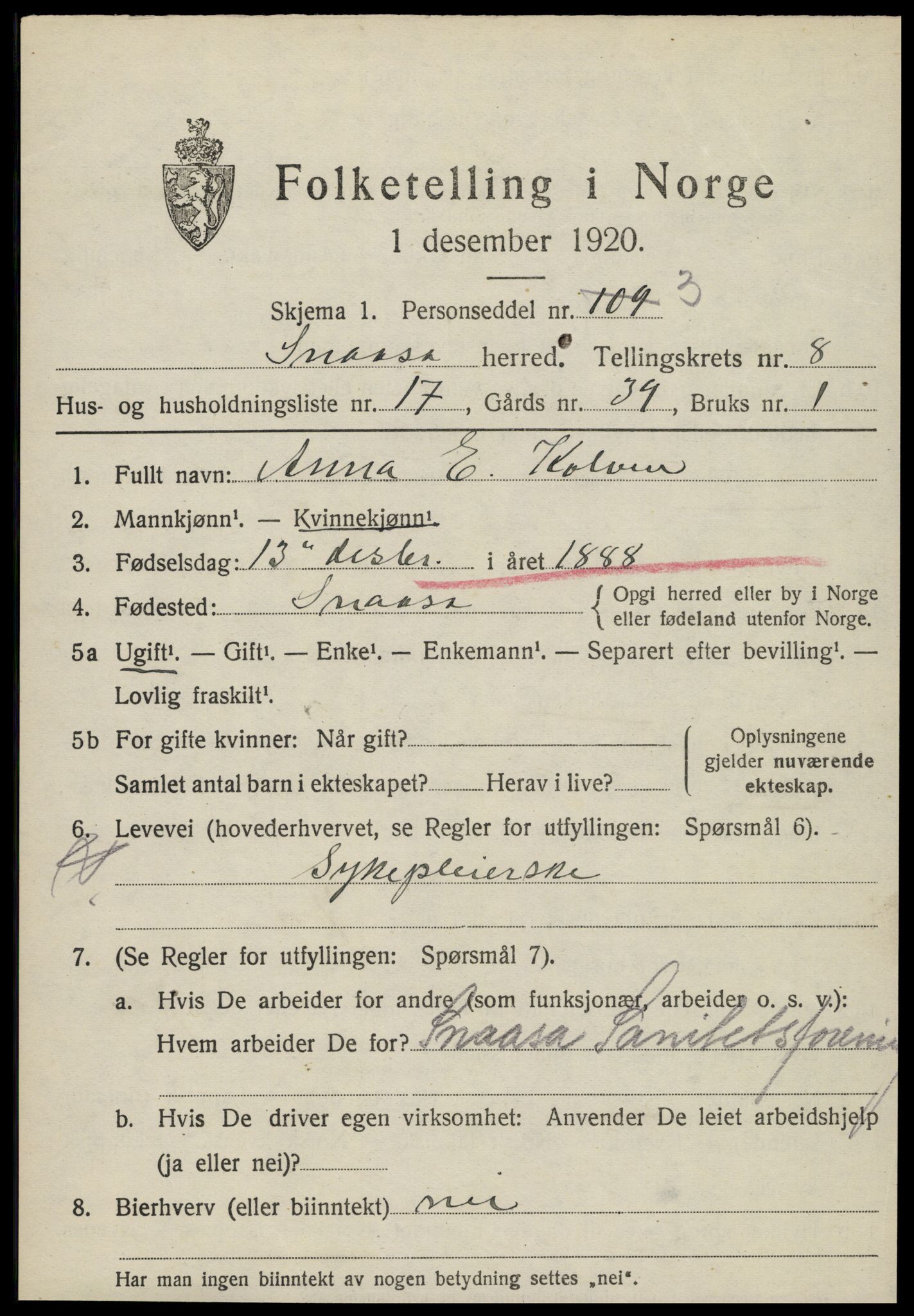 SAT, 1920 census for Snåsa, 1920, p. 3384