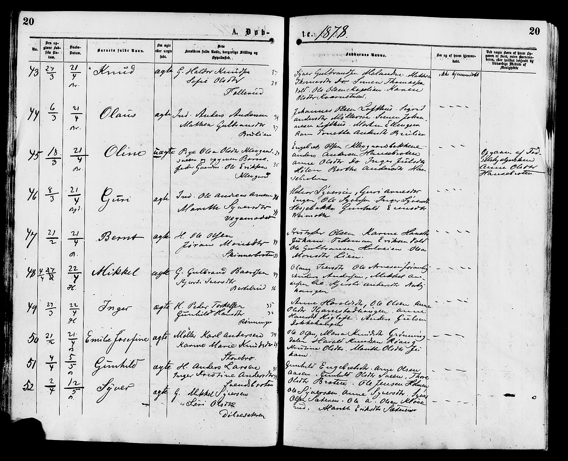 Sør-Aurdal prestekontor, AV/SAH-PREST-128/H/Ha/Haa/L0008: Parish register (official) no. 8, 1877-1885, p. 20