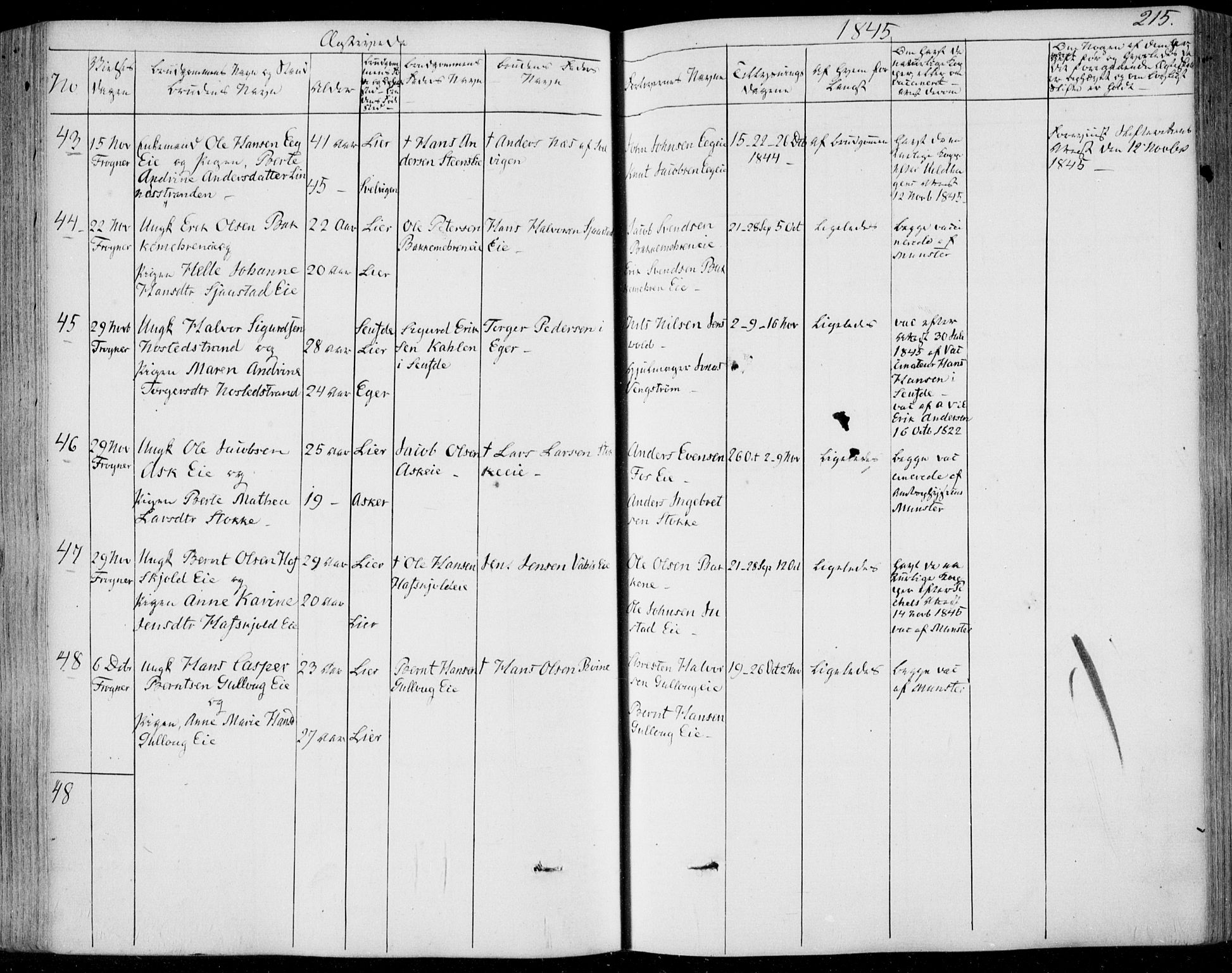 Lier kirkebøker, AV/SAKO-A-230/F/Fa/L0011: Parish register (official) no. I 11, 1843-1854, p. 215