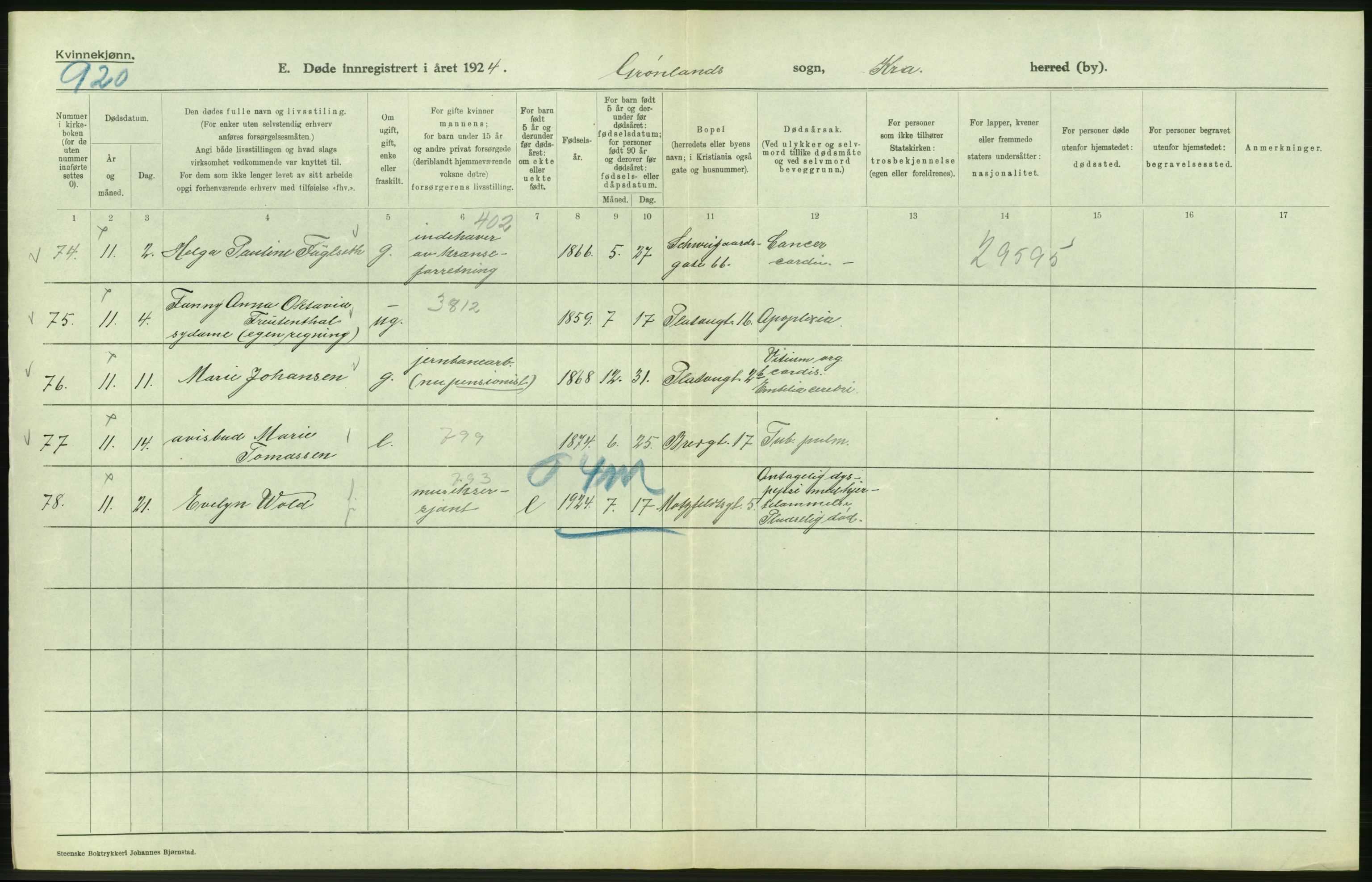 Statistisk sentralbyrå, Sosiodemografiske emner, Befolkning, AV/RA-S-2228/D/Df/Dfc/Dfcd/L0009: Kristiania: Døde kvinner, dødfødte, 1924, p. 316