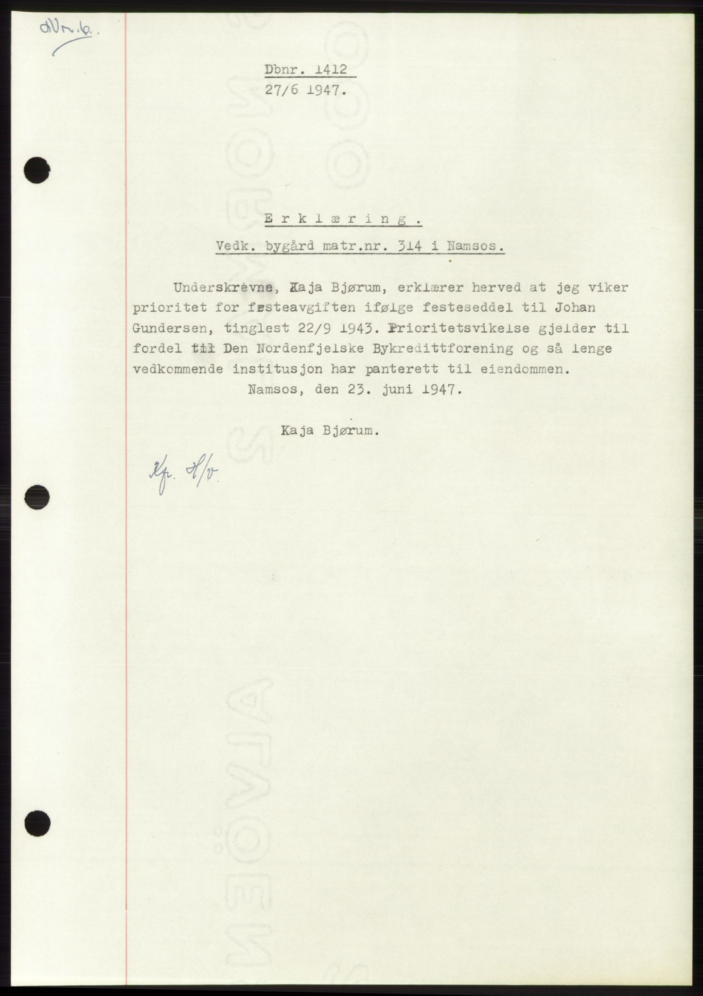 Namdal sorenskriveri, AV/SAT-A-4133/1/2/2C: Mortgage book no. -, 1947-1947, Diary no: : 1412/1947