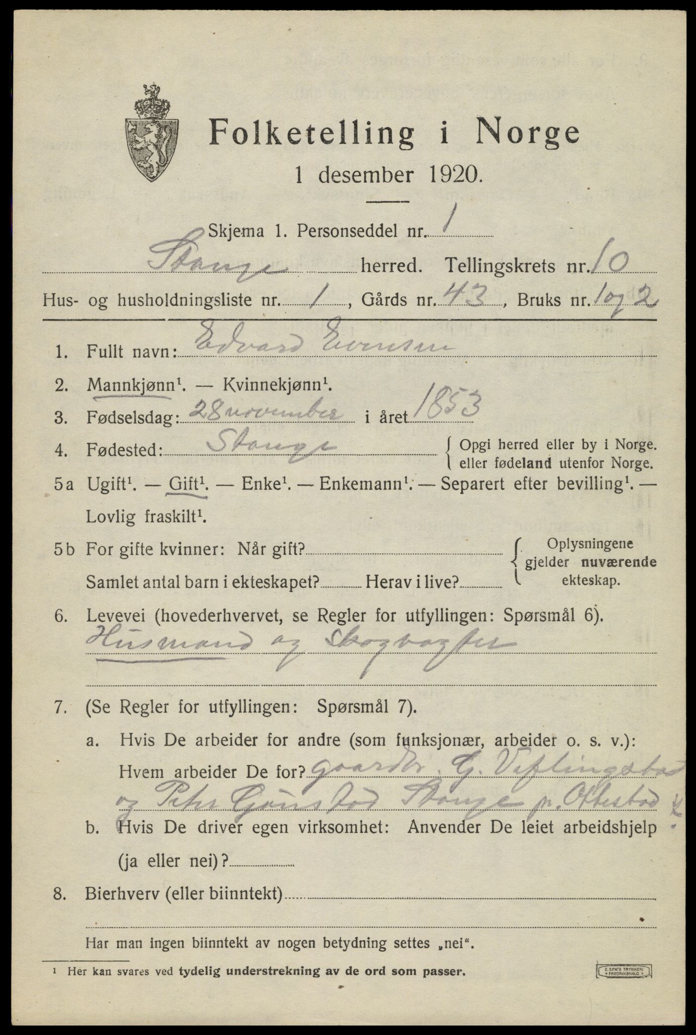 SAH, 1920 census for Stange, 1920, p. 15839