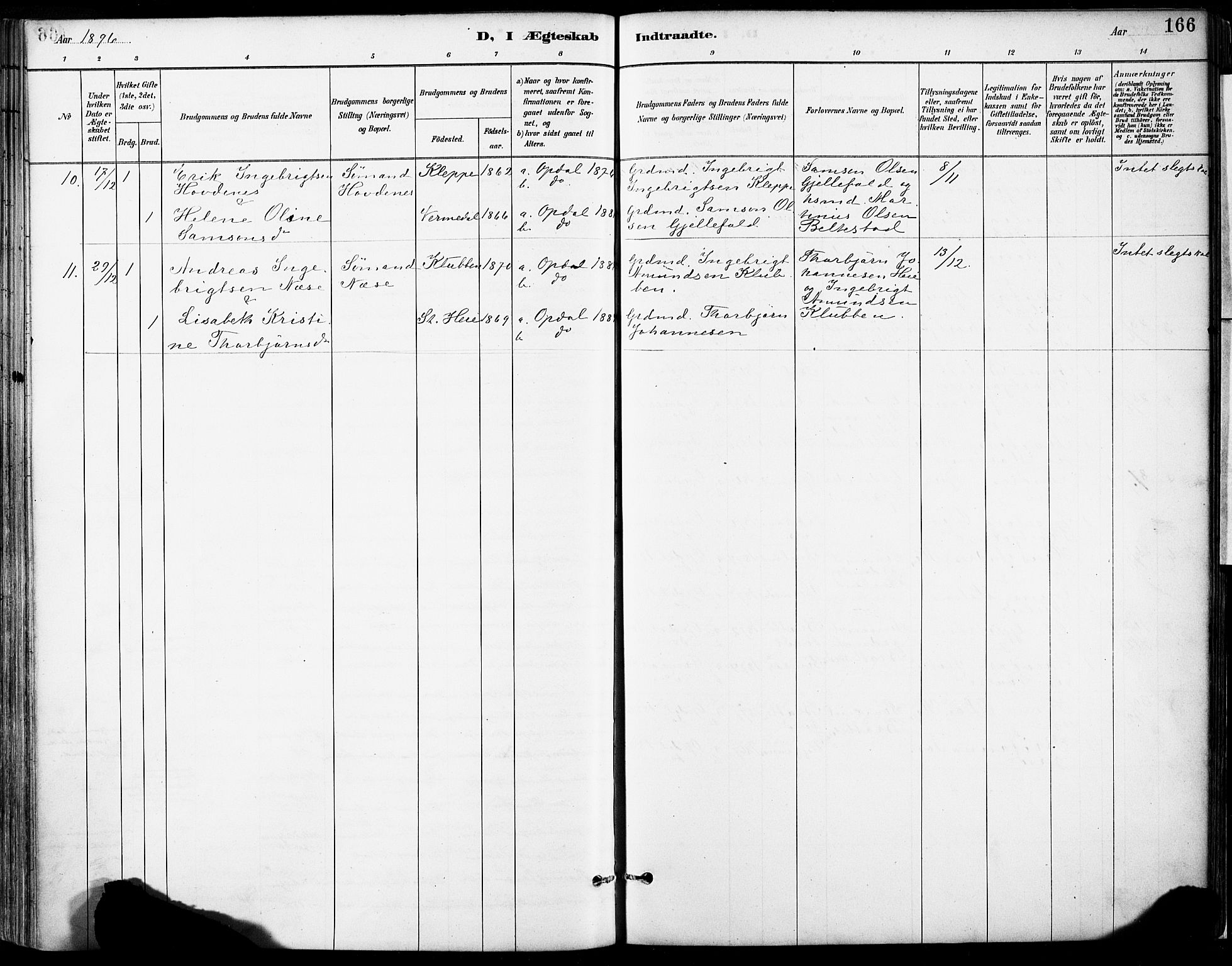 Tysnes sokneprestembete, AV/SAB-A-78601/H/Haa: Parish register (official) no. D 1, 1887-1904, p. 166