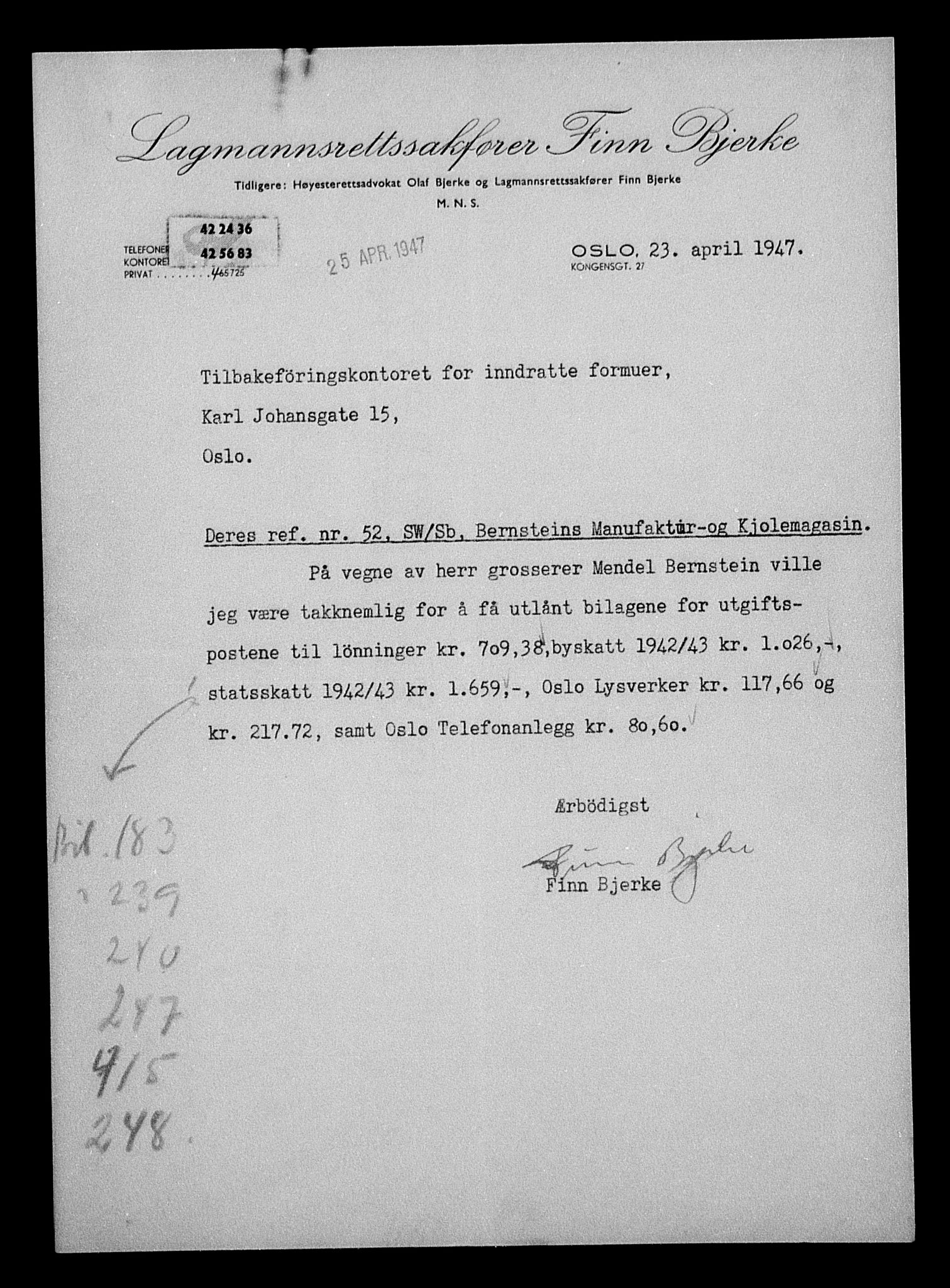 Justisdepartementet, Tilbakeføringskontoret for inndratte formuer, AV/RA-S-1564/H/Hc/Hcc/L0924: --, 1945-1947, p. 25