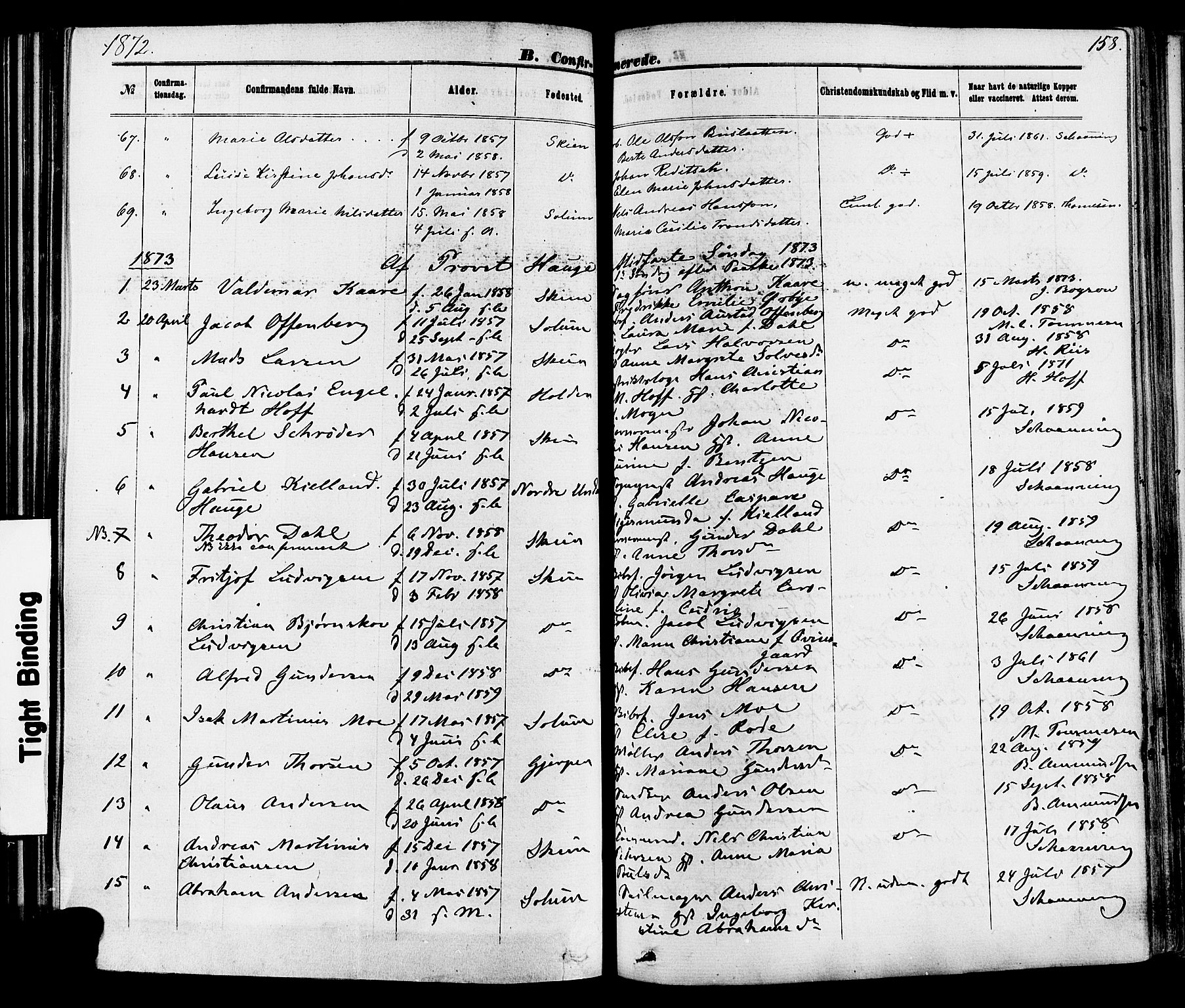Skien kirkebøker, AV/SAKO-A-302/F/Fa/L0008: Parish register (official) no. 8, 1866-1877, p. 158